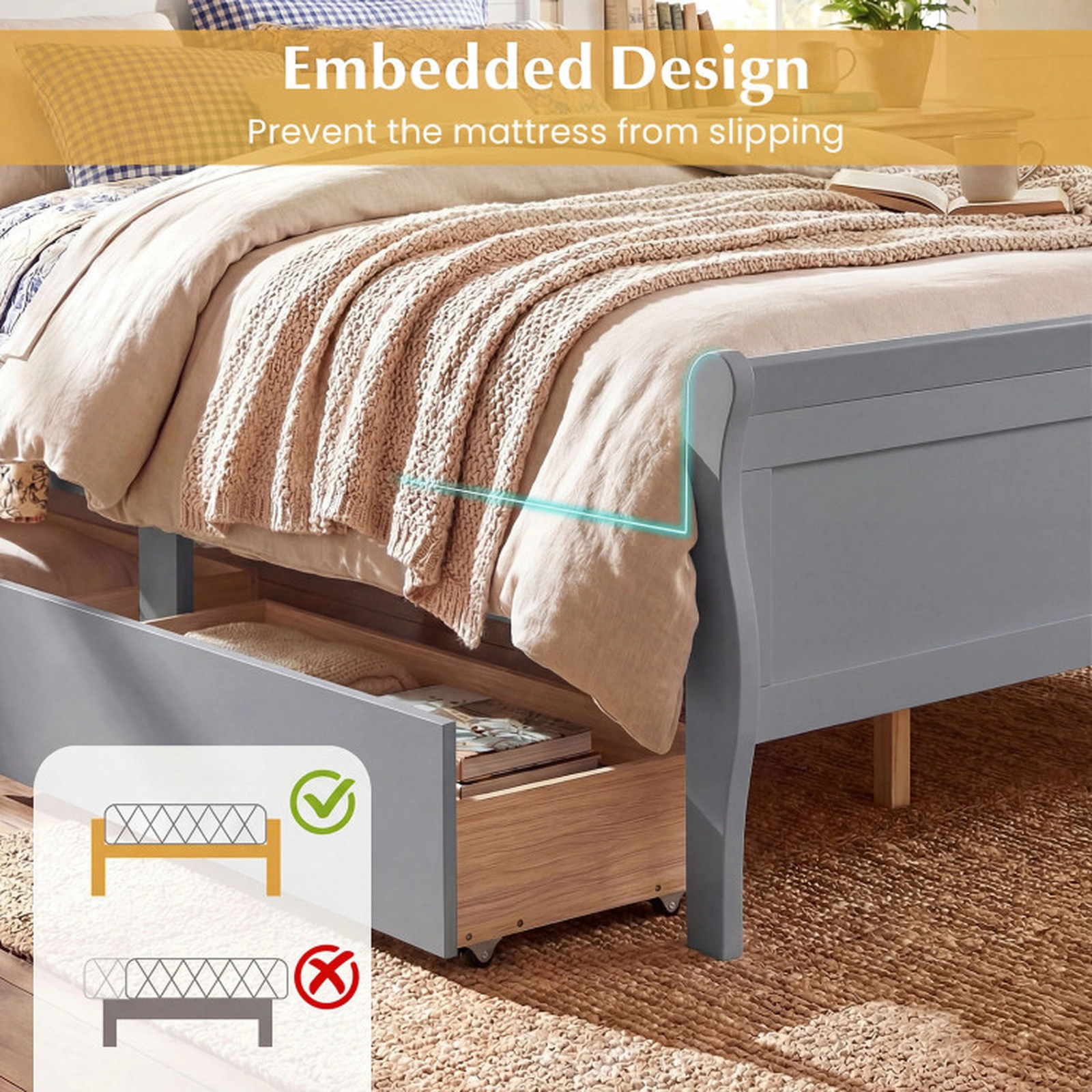 SUGIFT Gray 2 Storage Drawers and Curved Footboard Full Size Wooden Bed Frame