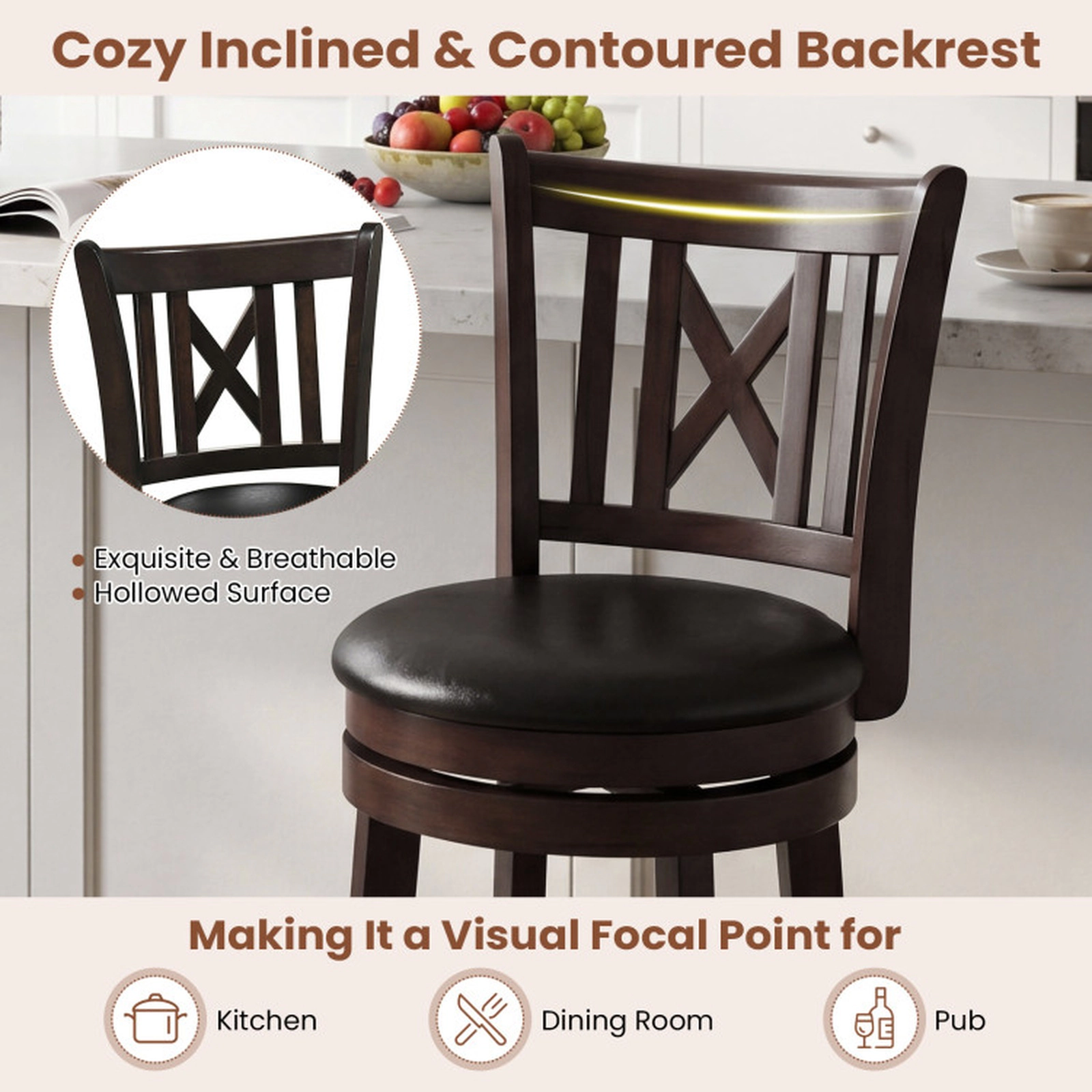 SUGIFT Set of 4 Swivel Bar Stools with Hollowed Backrest and Footrest 26-in Seat Height 275-lb Capacity Dark Chocolate