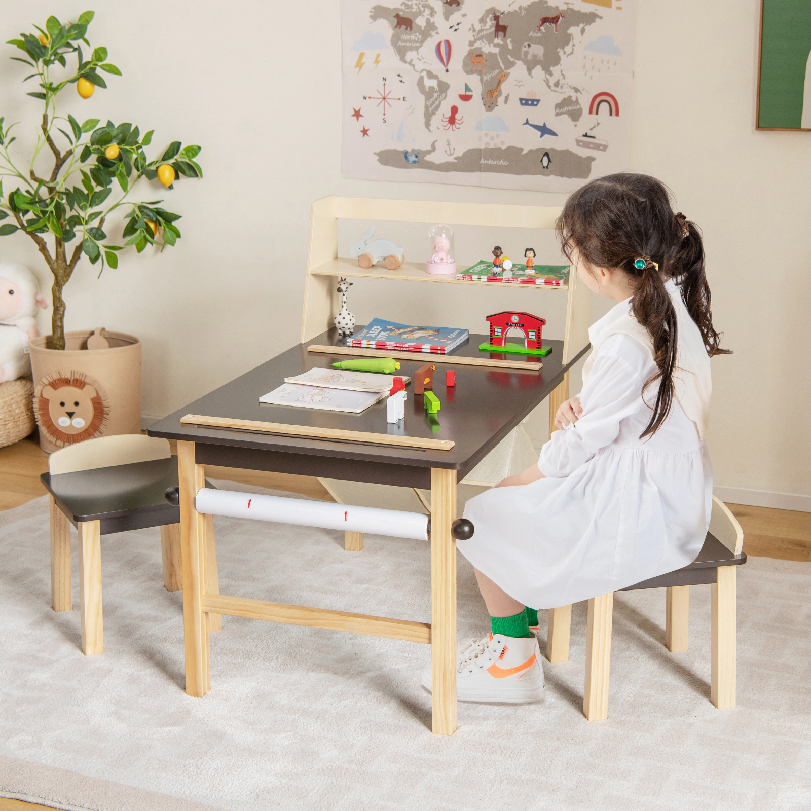 SUGIFT Kids Art Table and 2 Chairs Set Coffee with Paper Roll and Storage Bins