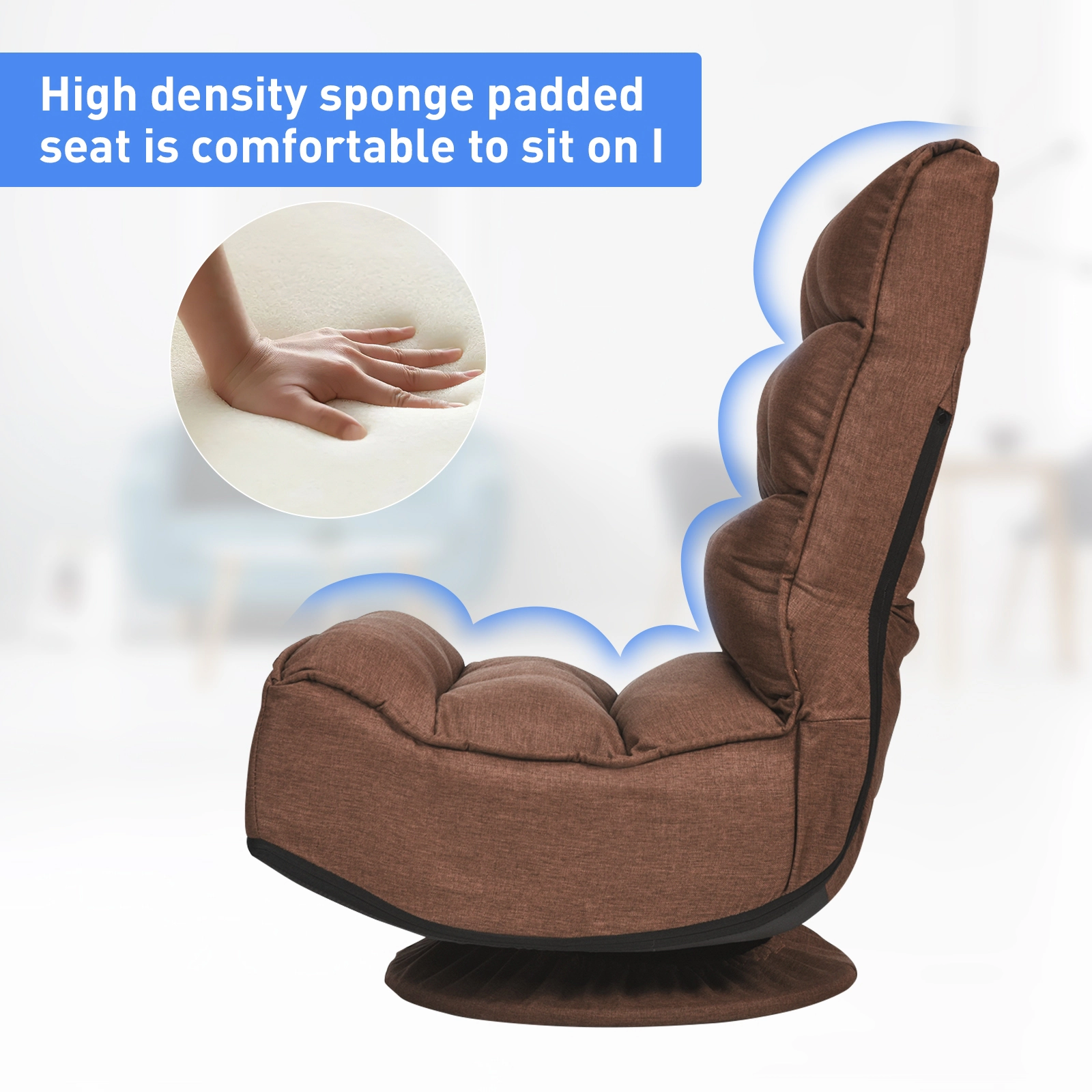 SUGIFT Rustic Brown Folding Floor Gaming Chair, 360-Degree Swivel, 5-Position Backrest, 300-Lb Capacity
