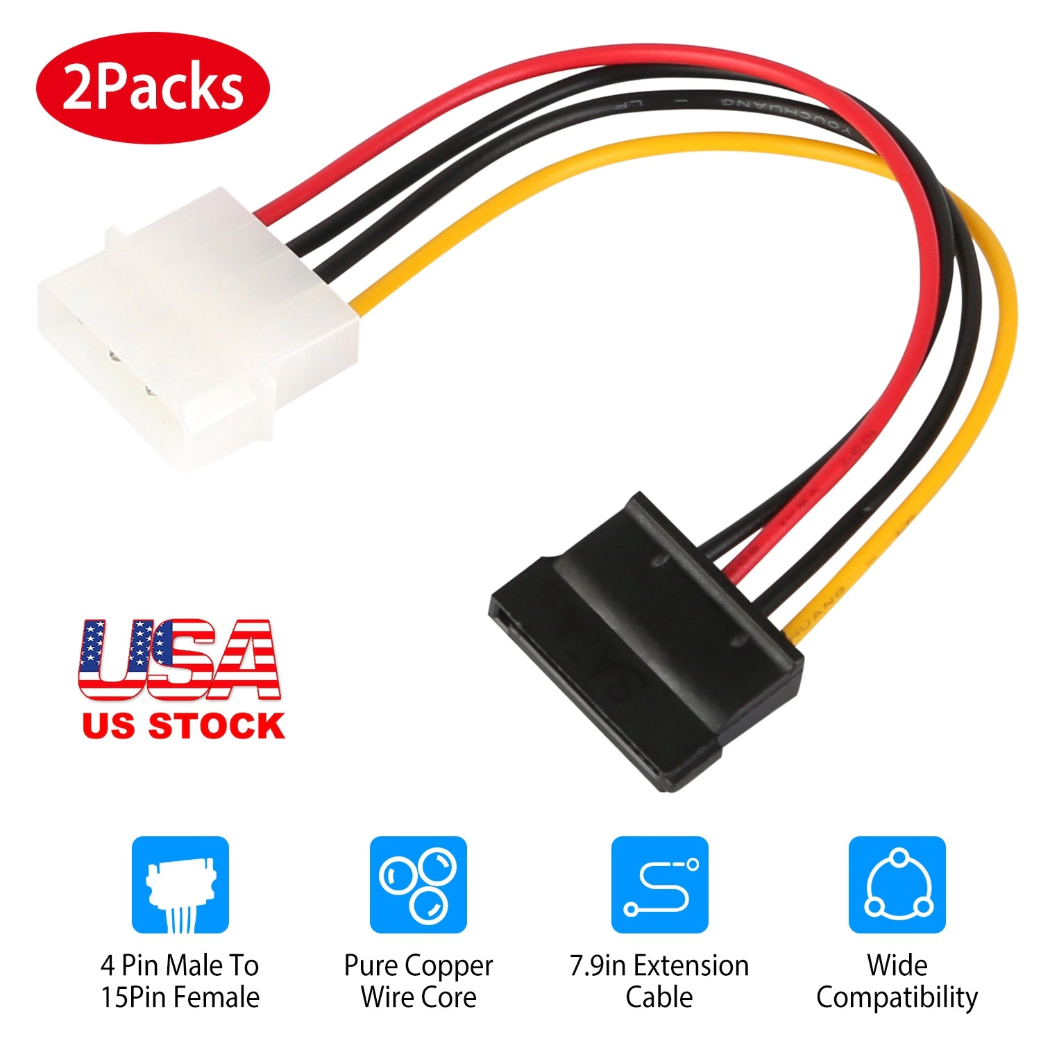 GBruno 4-Pin To 15-Pin SATA Power Cable Adapter 2-Pack
