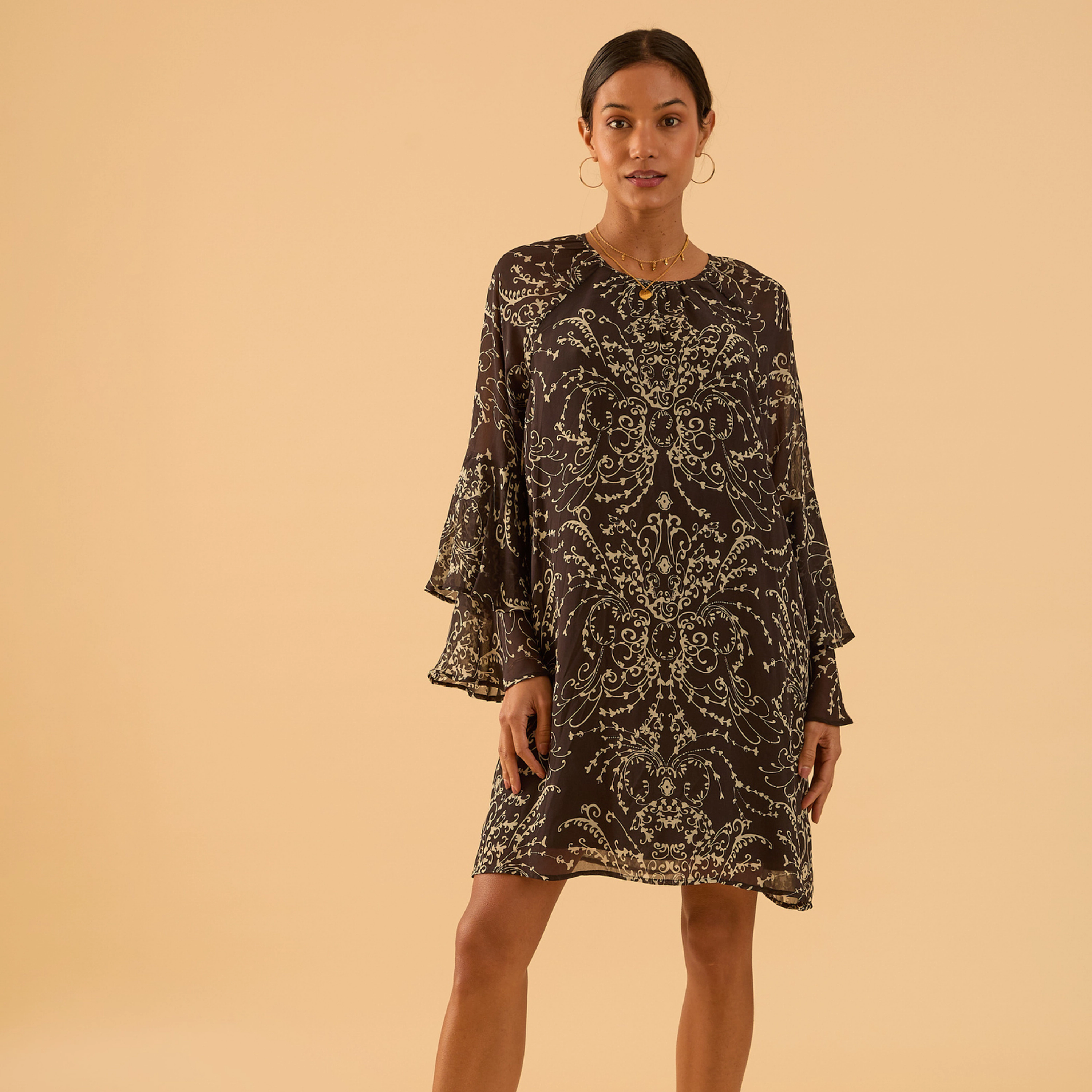Rose & Nancy Women's Freya Black Print Flute Sleeve Mini