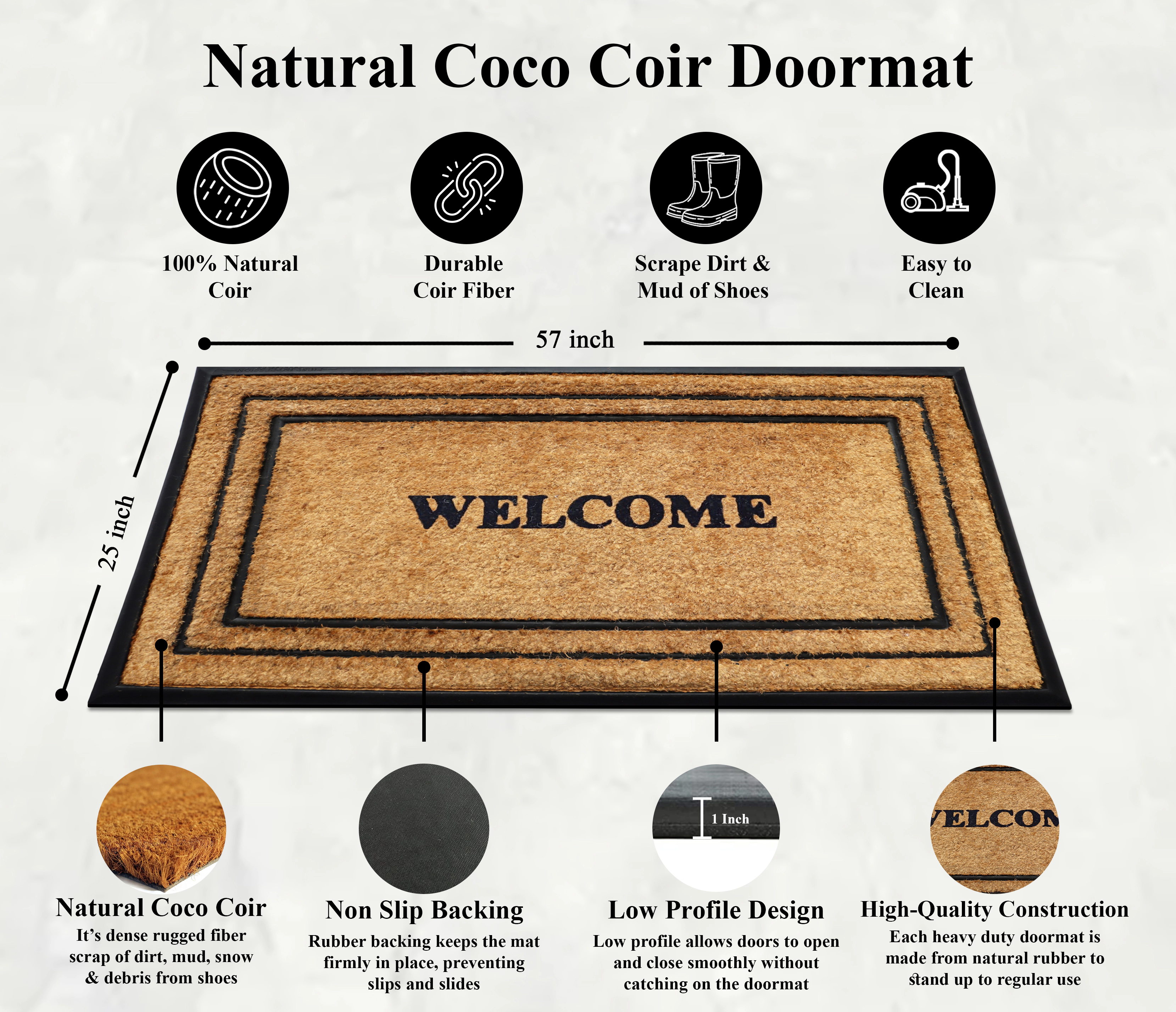 A1 Home Collections Natural Coir & Rubber Welcome Door Mat Heavy Duty Dirt Trapping Outdoor Front Door Mat 24 x 39 In
