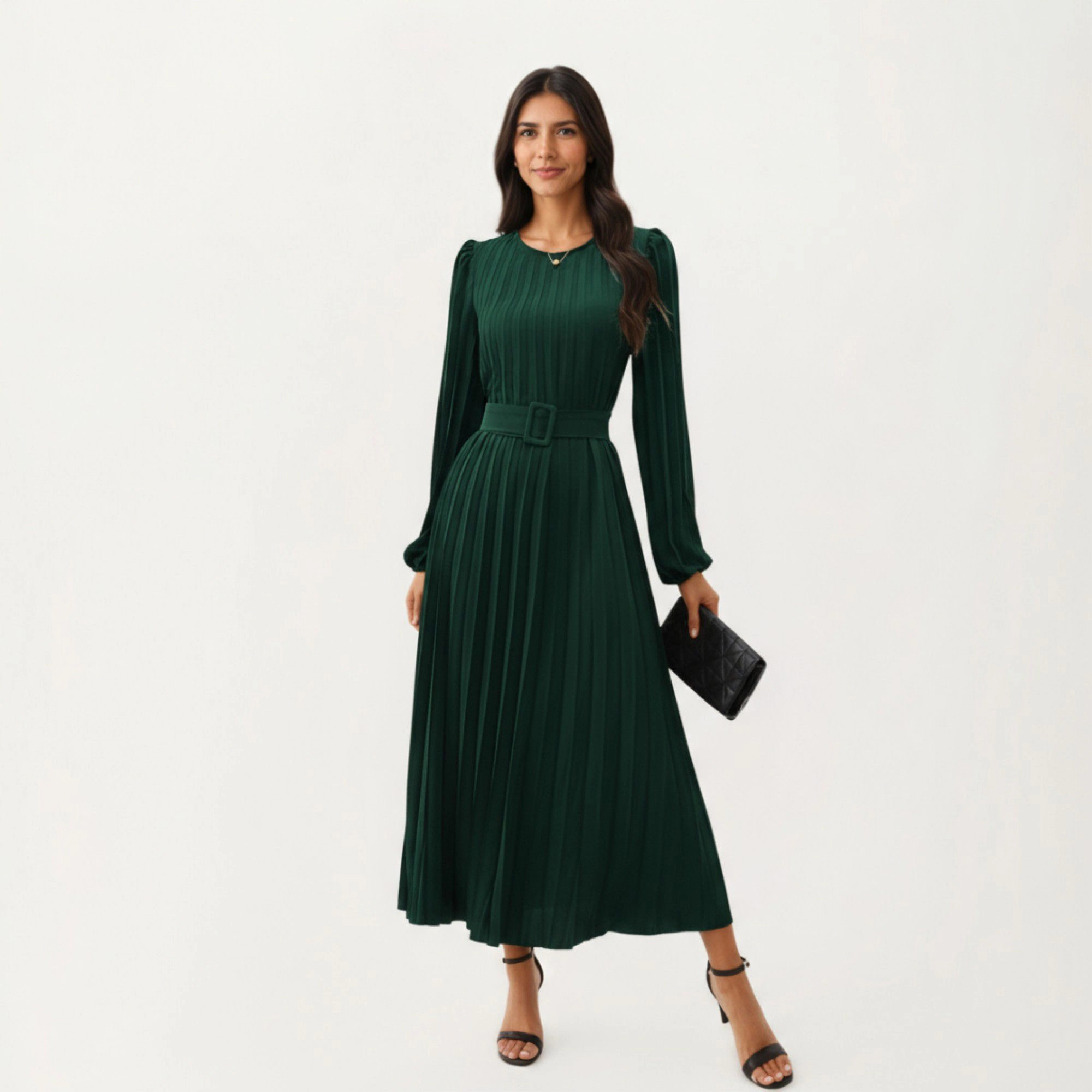 Anna-Kaci Womens Pleated Belted Crew Neck Midi Dress