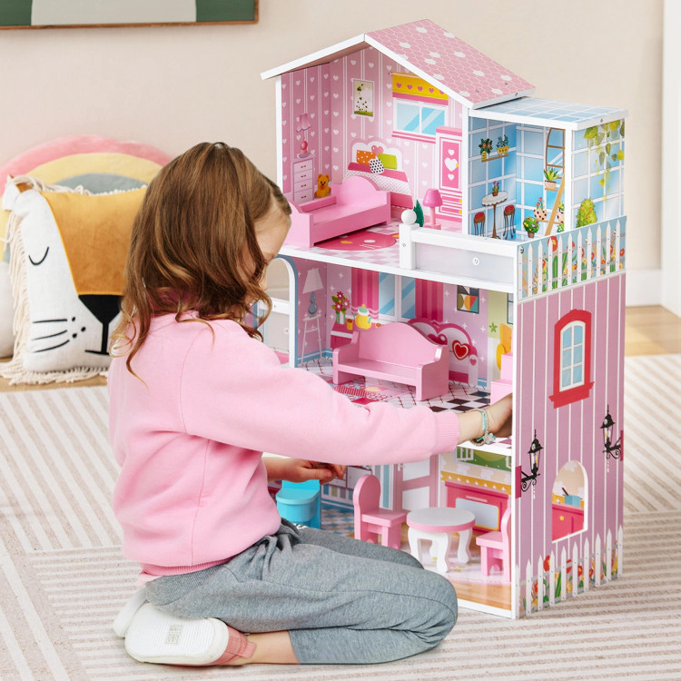 Hivvago Kids Wooden Dollhouse Playset with 5 Simulated Rooms and 10 Pieces of Furniture