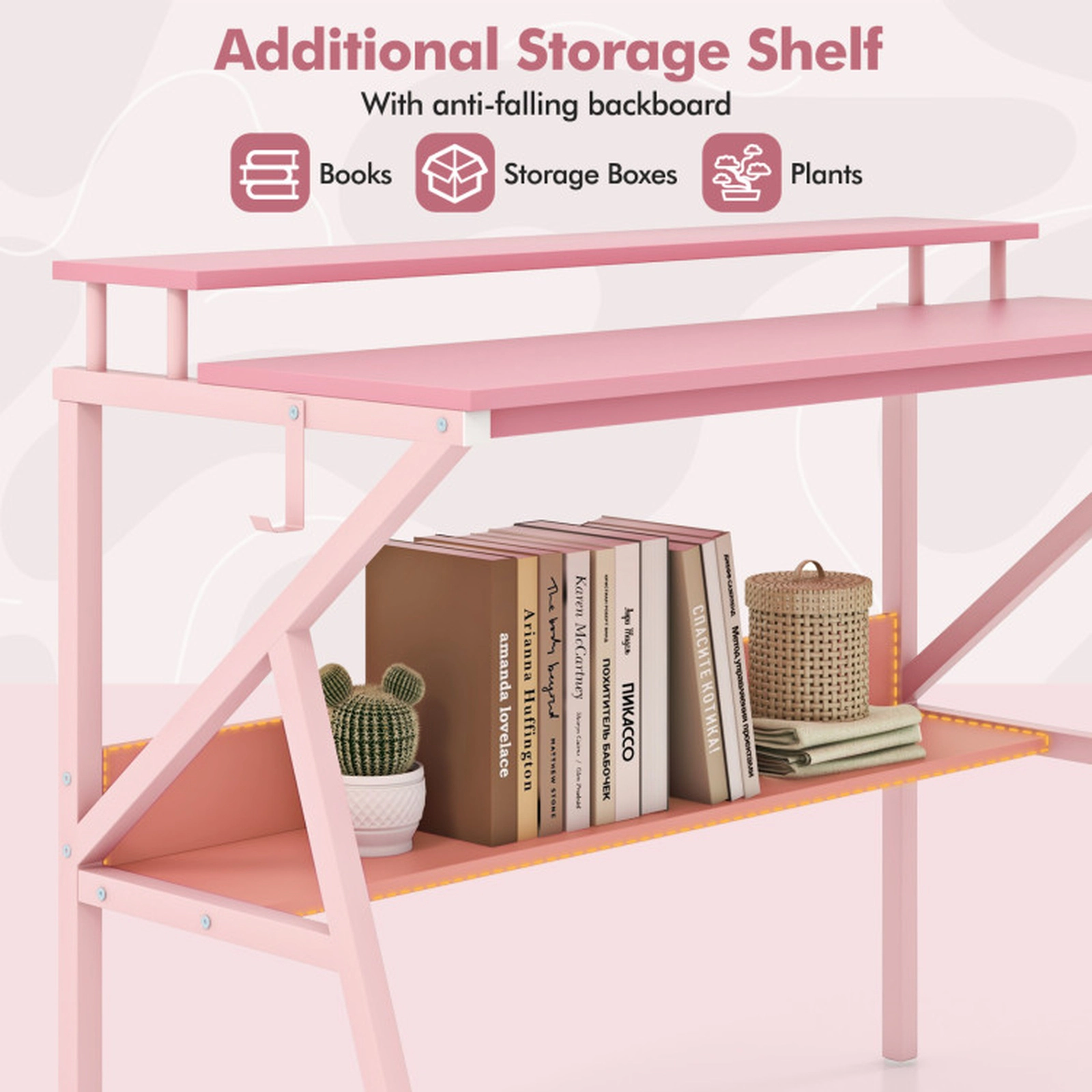 SUGIFT 39.5-in Pink Computer Desk with Monitor Stand, Shelf and Hooks