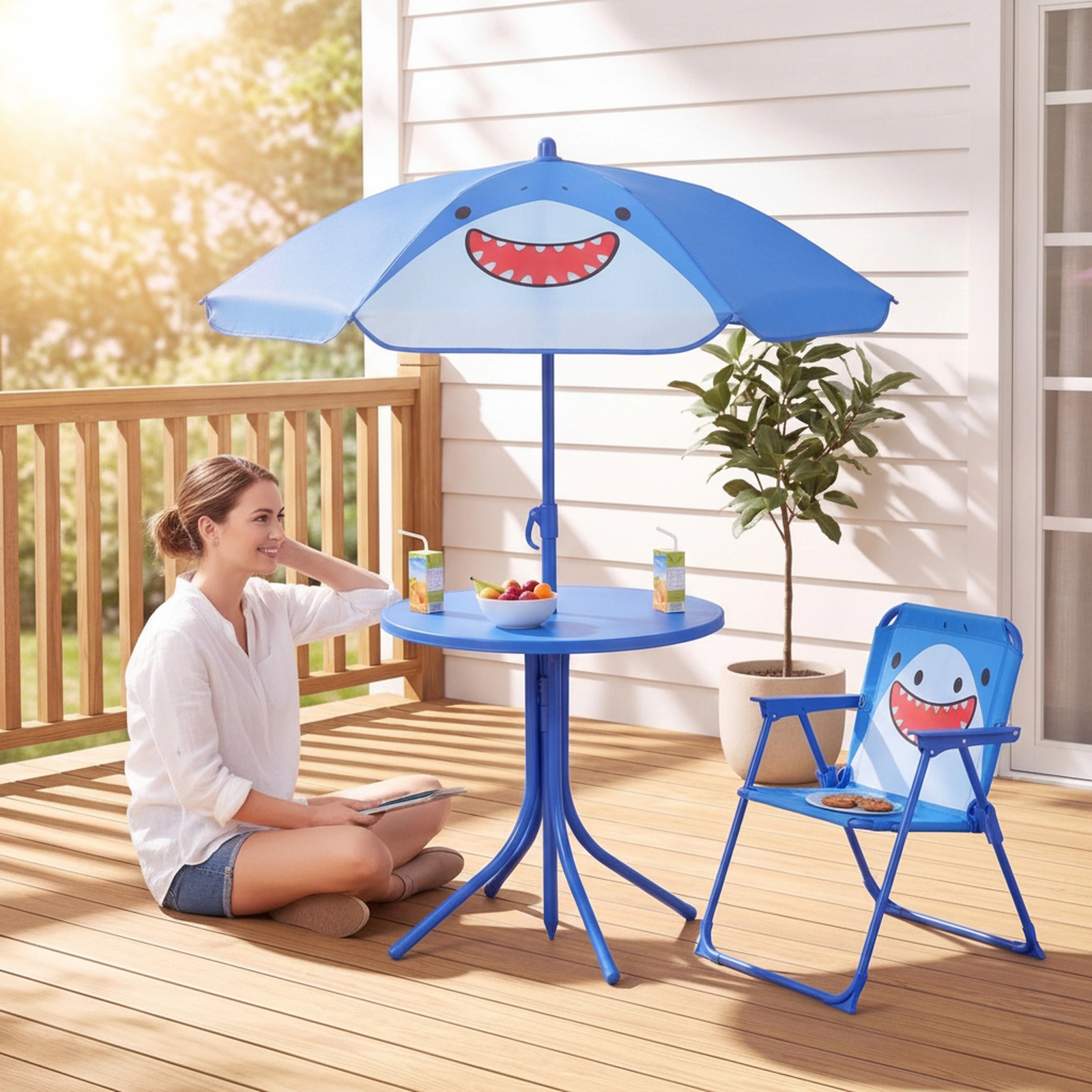 SUGIFT Kids Outdoor Table and Chair Set with Adjustable Umbrella, 2 Folding Chairs, Blue