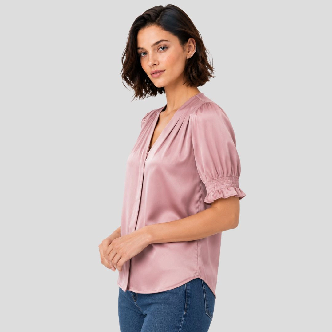 Artyska Women's Satin V-Neck Puff Sleeve Blouse