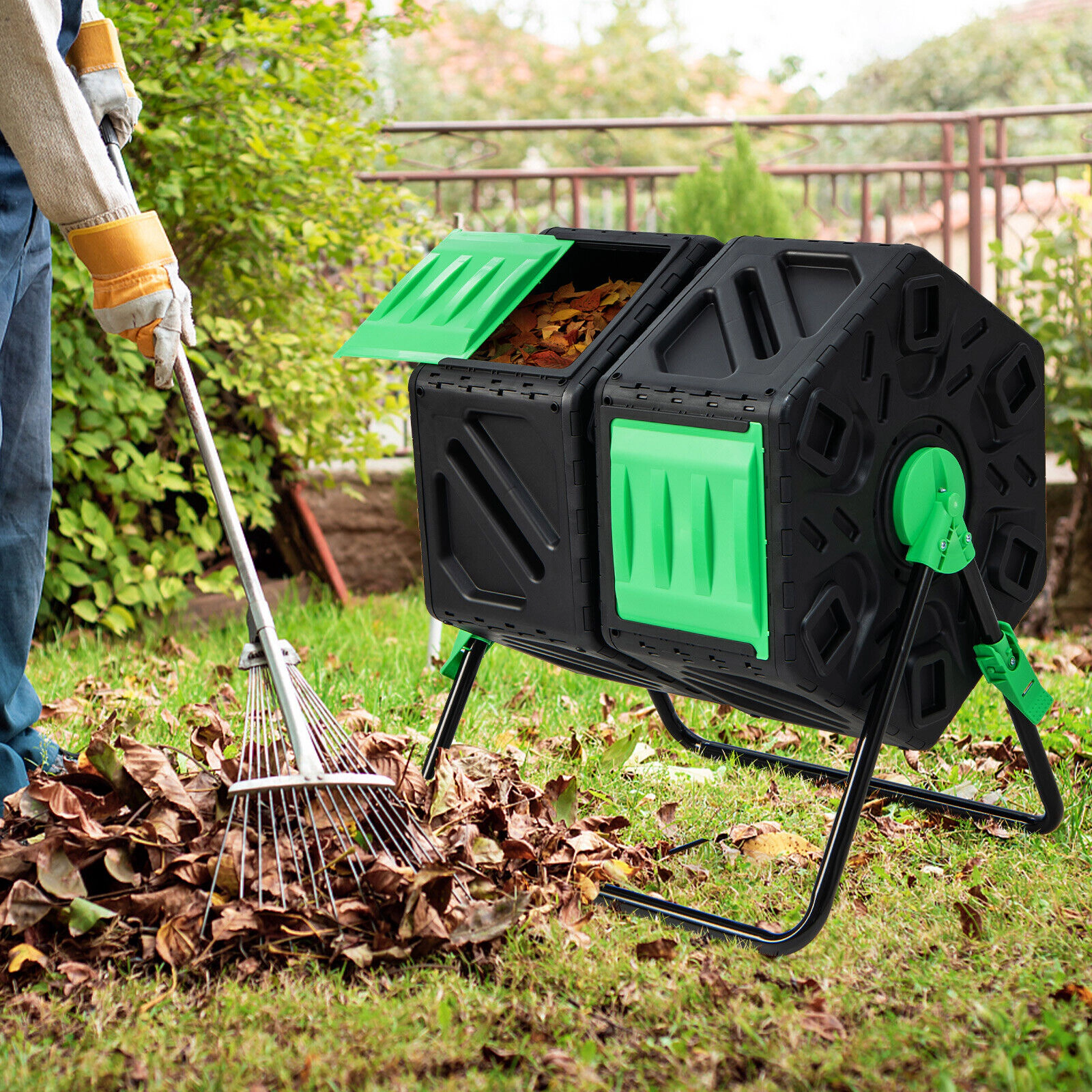 SUGIFT 34.5-gal Dual Chamber Outdoor Compost Tumbler with 360-Degree Rotation and Sliding Doors