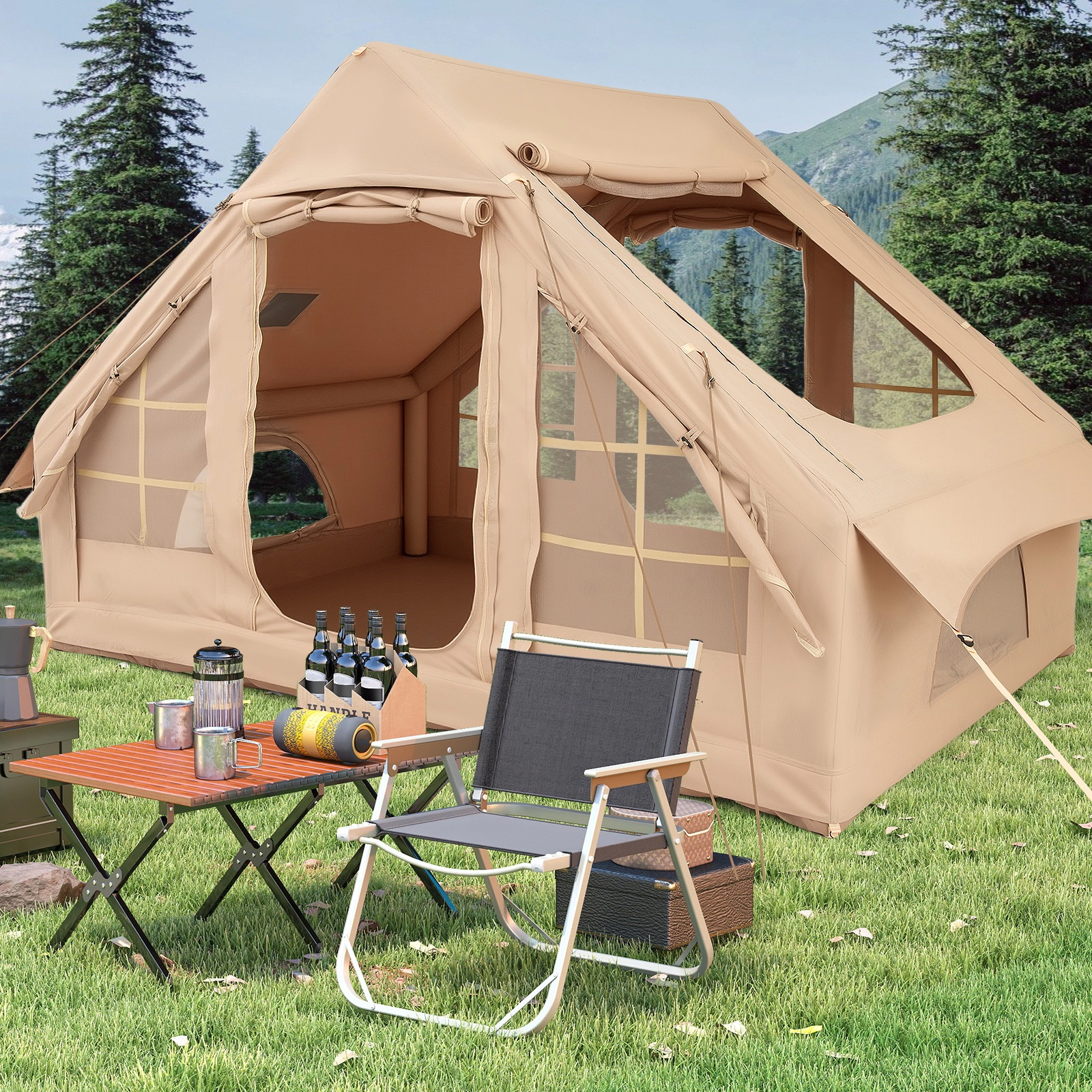 SUGIFT 4-6 Person Beige Inflatable Camping Tent with 4 Mesh Windows and 2 Doors 9.8-ft W 6.9-ft D 6.5-ft H