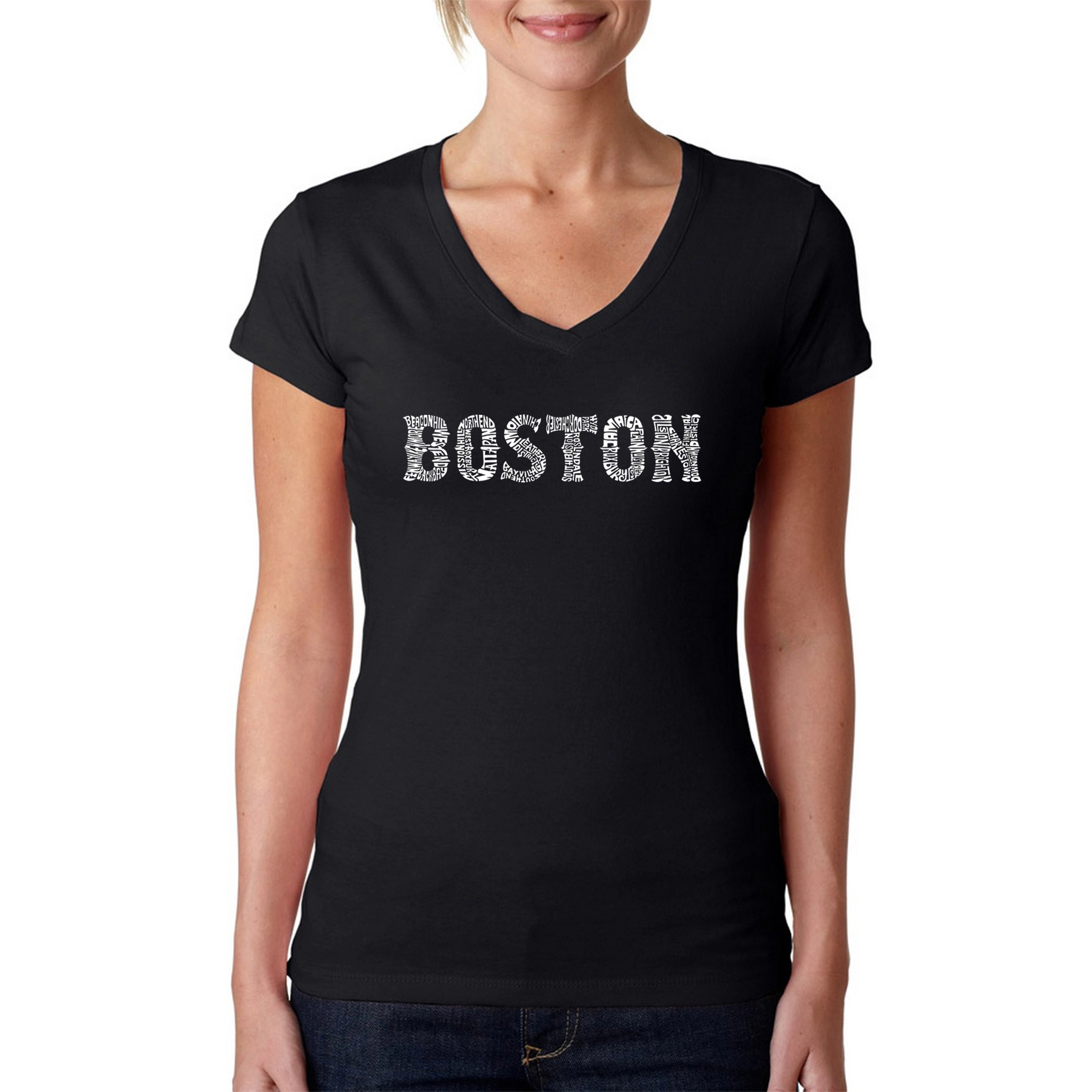 LA Pop Art Womens Word V-Neck T-Shirt - Boston Neighborhoods