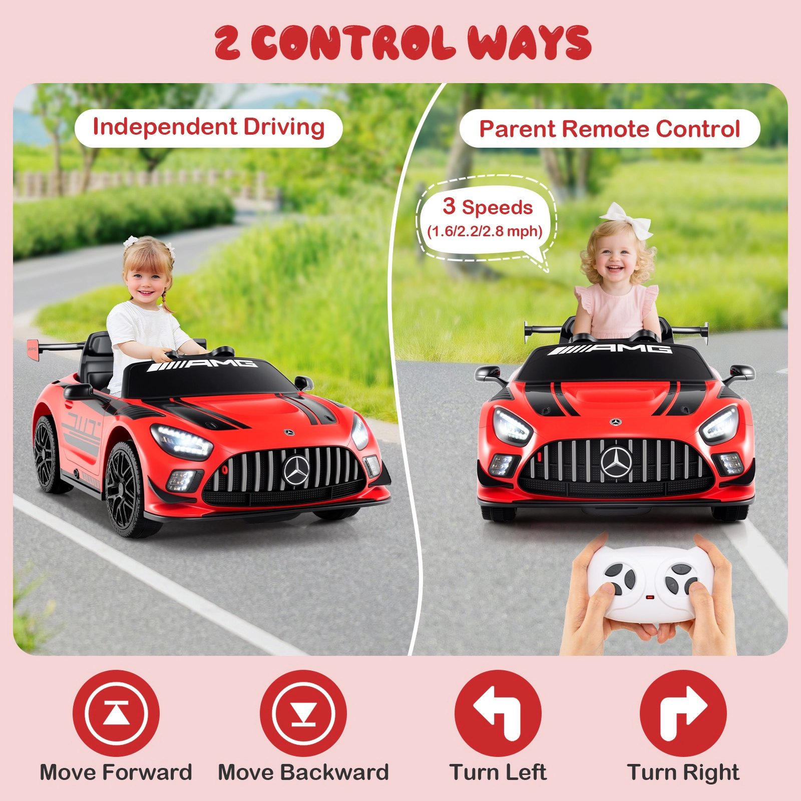 SUGIFT 12V Licensed Mercedes-AMG GT3 Kids Ride-On Car Remote 55-lb Capacity Ages 3+ 45-in Body 13-in Seat Black/White