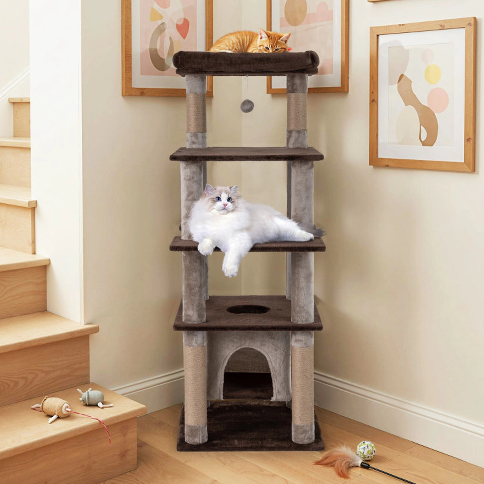 SUGIFT Brown Multi-Level Cat Tree with Swaying Aerial Condo and Top Perch 22-in W 22-in D 58-in H 22-lb Per Tier