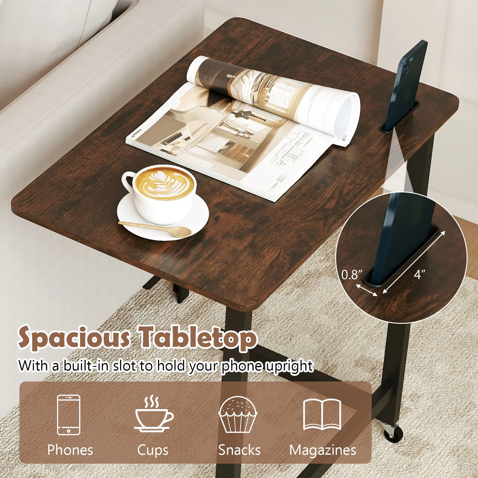 SlickBlue C Shaped End Table with Wheels and Laptop Surface