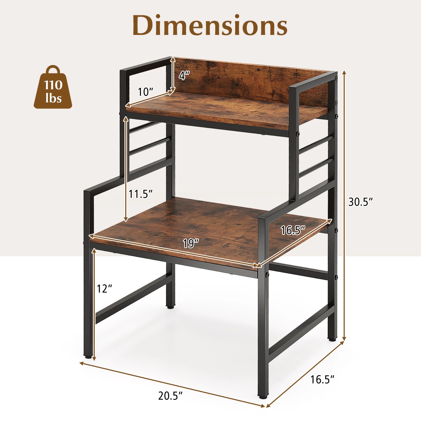 SUGIFT 3-Tier Microwave Stand Rustic Brown with 2 Open Shelves and Metal Frame