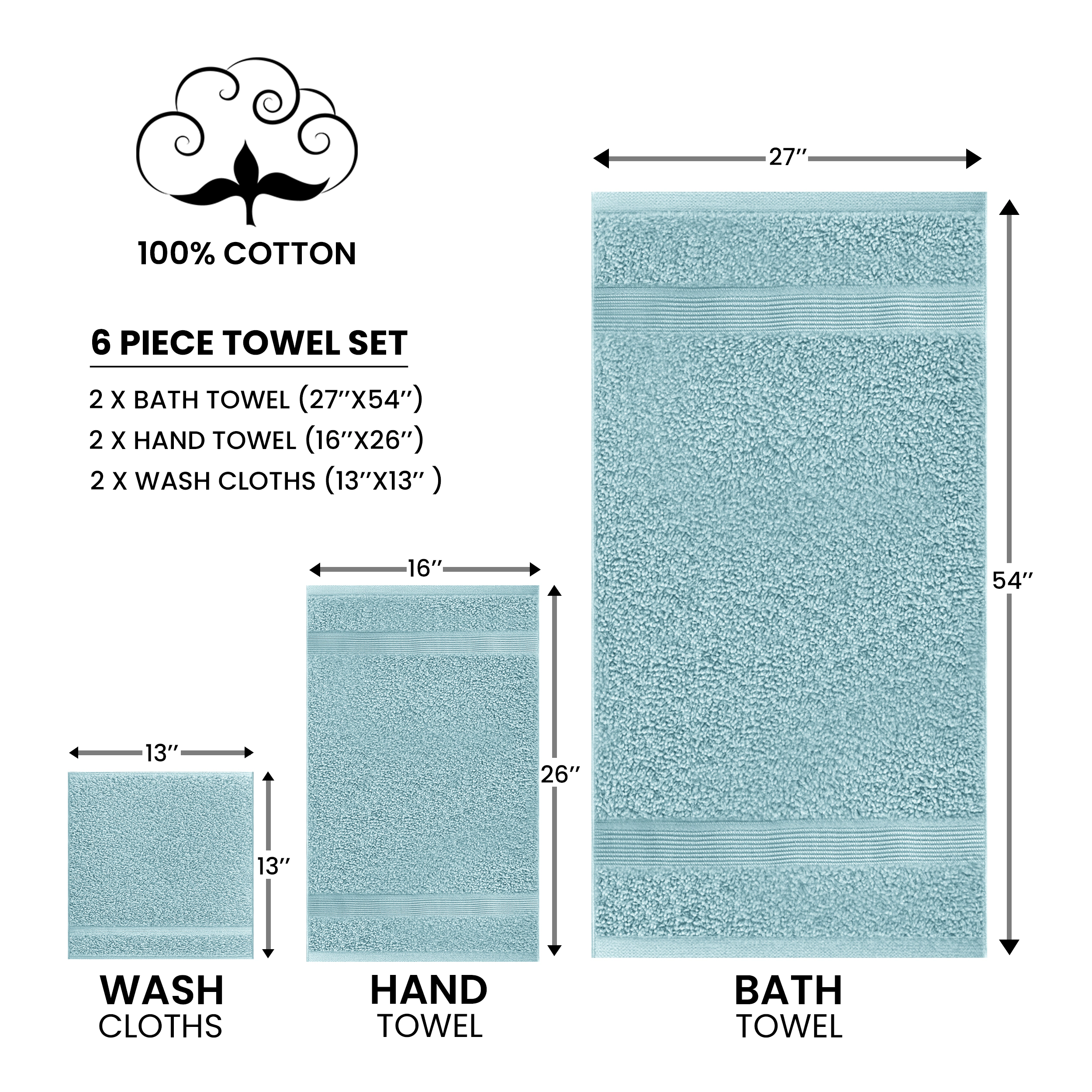 Lux Decor Collection Luxury Cotton 6-pc. Bath Towel Set Zero Twist Quick Dry Solid Bathroom Towels