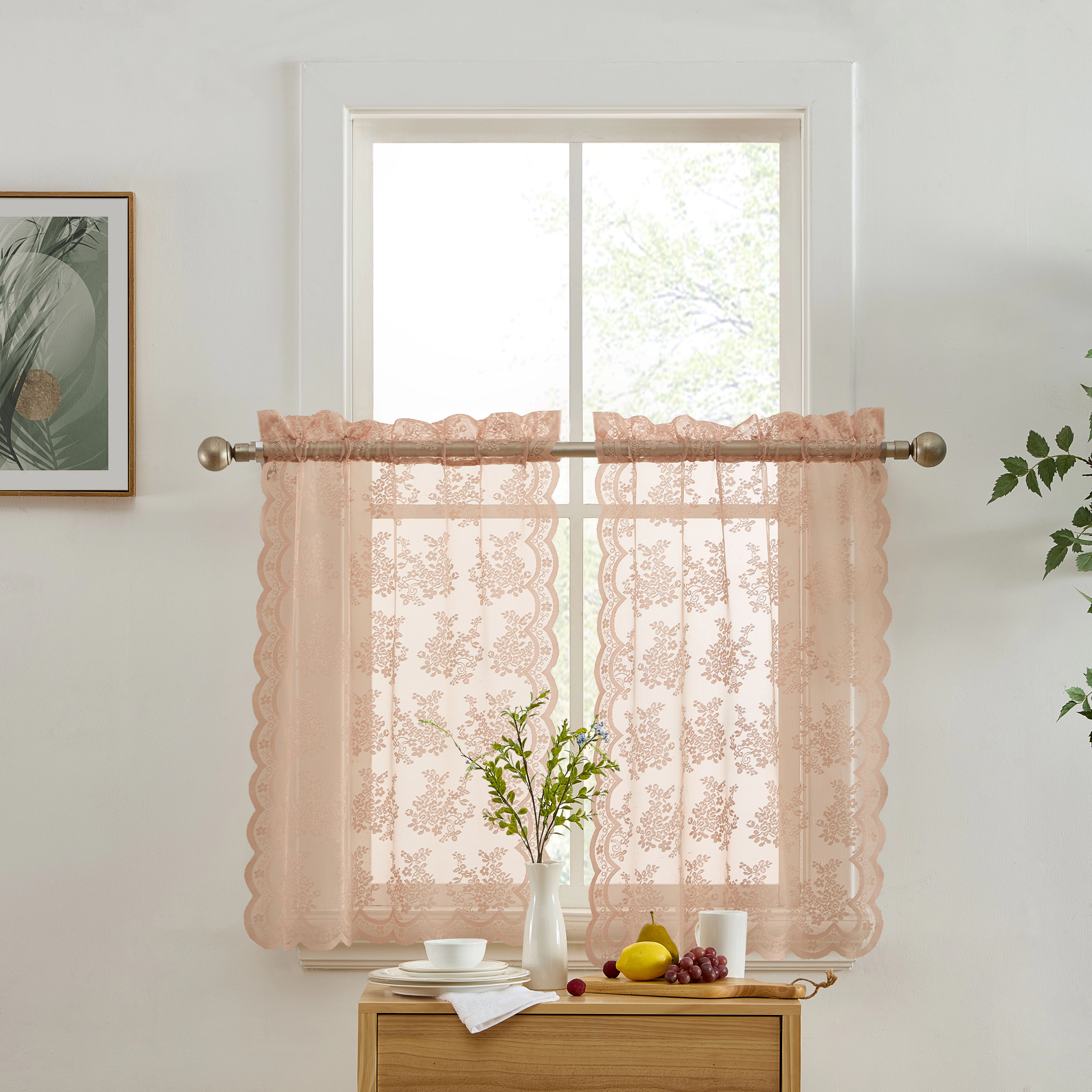 HLC.ME Jolene Floral Rod Pocket Lace Semi Sheer Voile Short Cafe Tiers for Small Windows - Set of 2