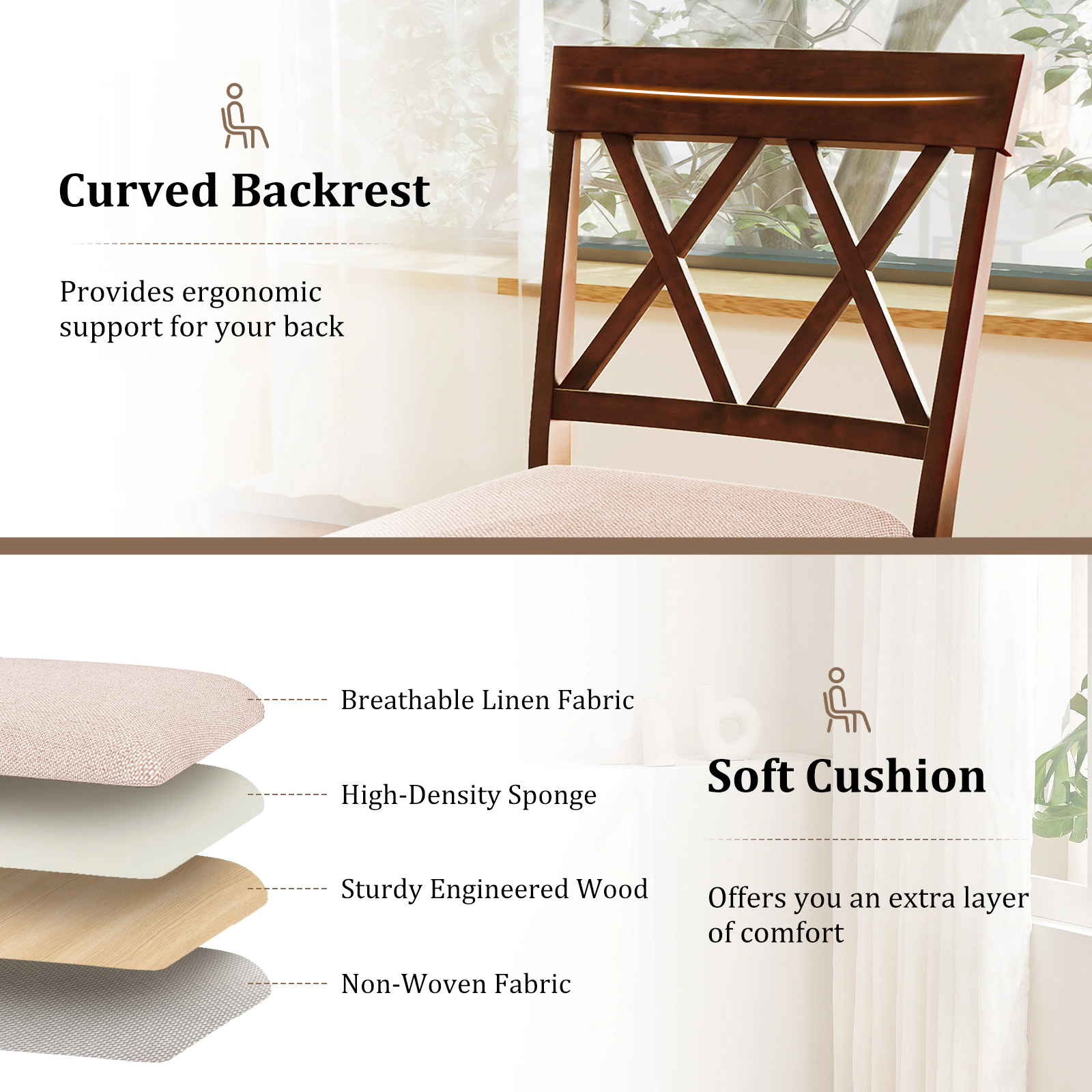 SUGIFT X-Back and Linen Upholstered Seat Cushion Set of 2 Oak 29 in Swivel Bar Stools