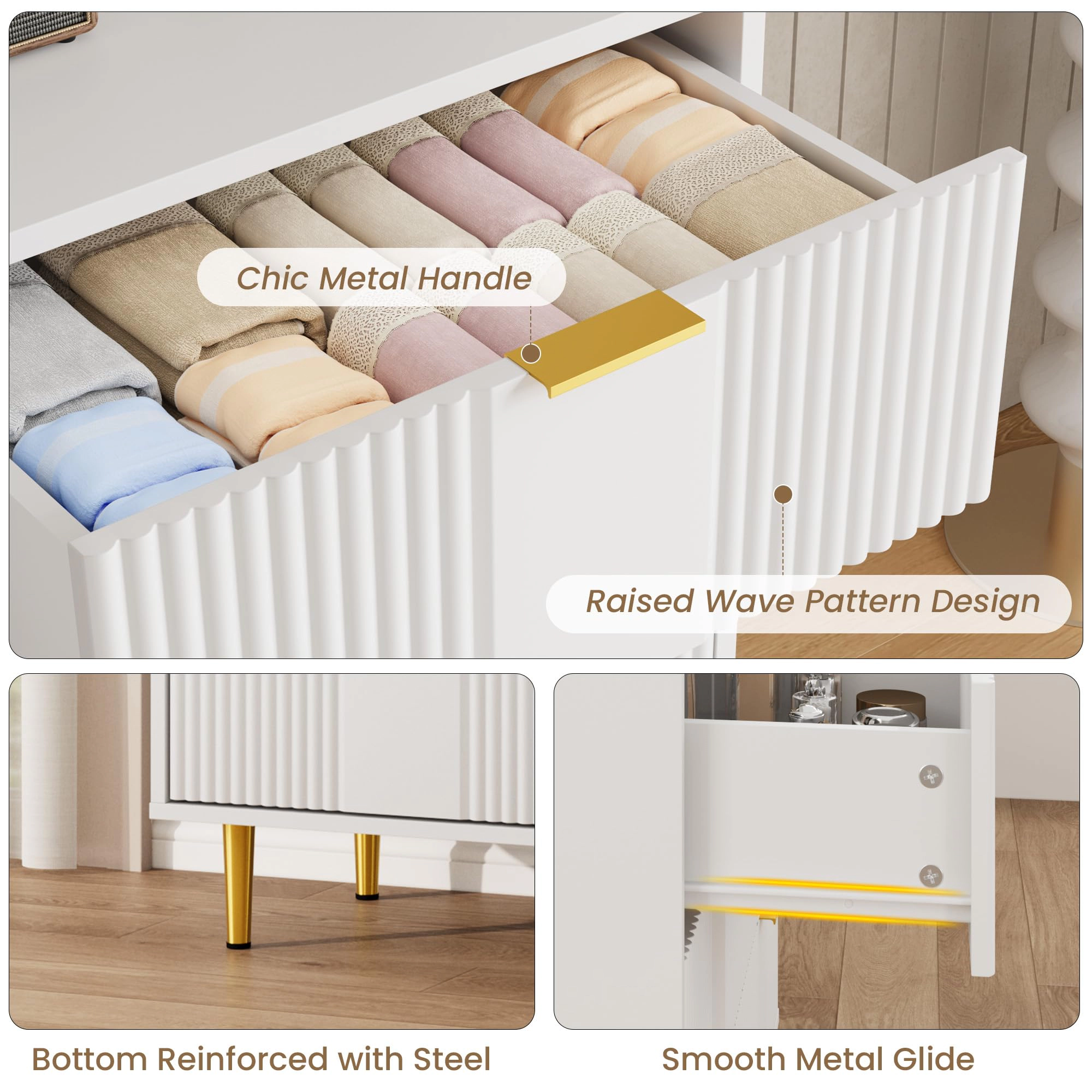 39.4" Fluted 6 Drawer Dresser with Metal Handles, Modern Wood Storage Chest for Bedroom