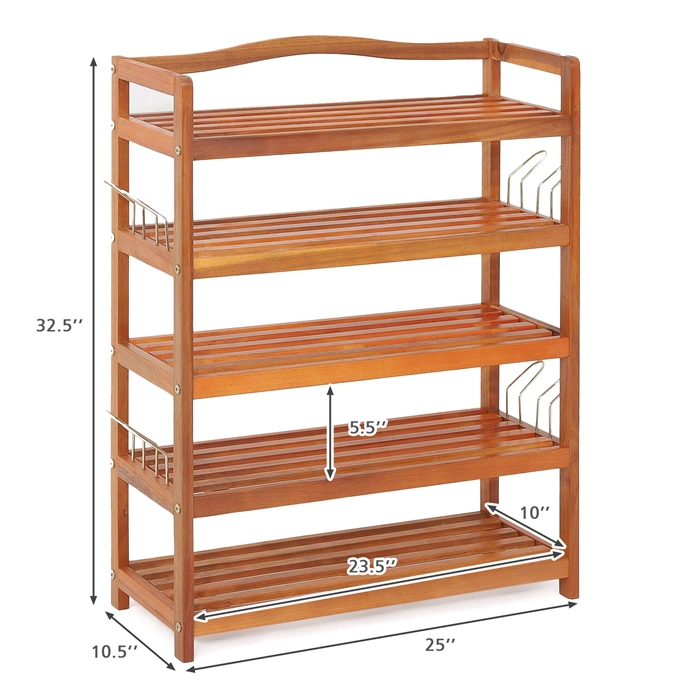 Glintex 5-Tier Acacia Wood Shoe Rack with Side Metal Hooks and Top Handle, Natural