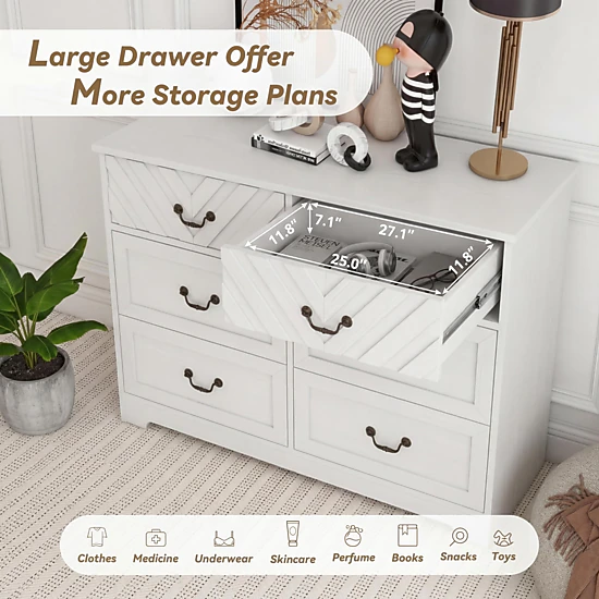 BebreezChic 6 Drawer Dresser with 3D v-Shape Front for Living Room, Nursery, Entryway White