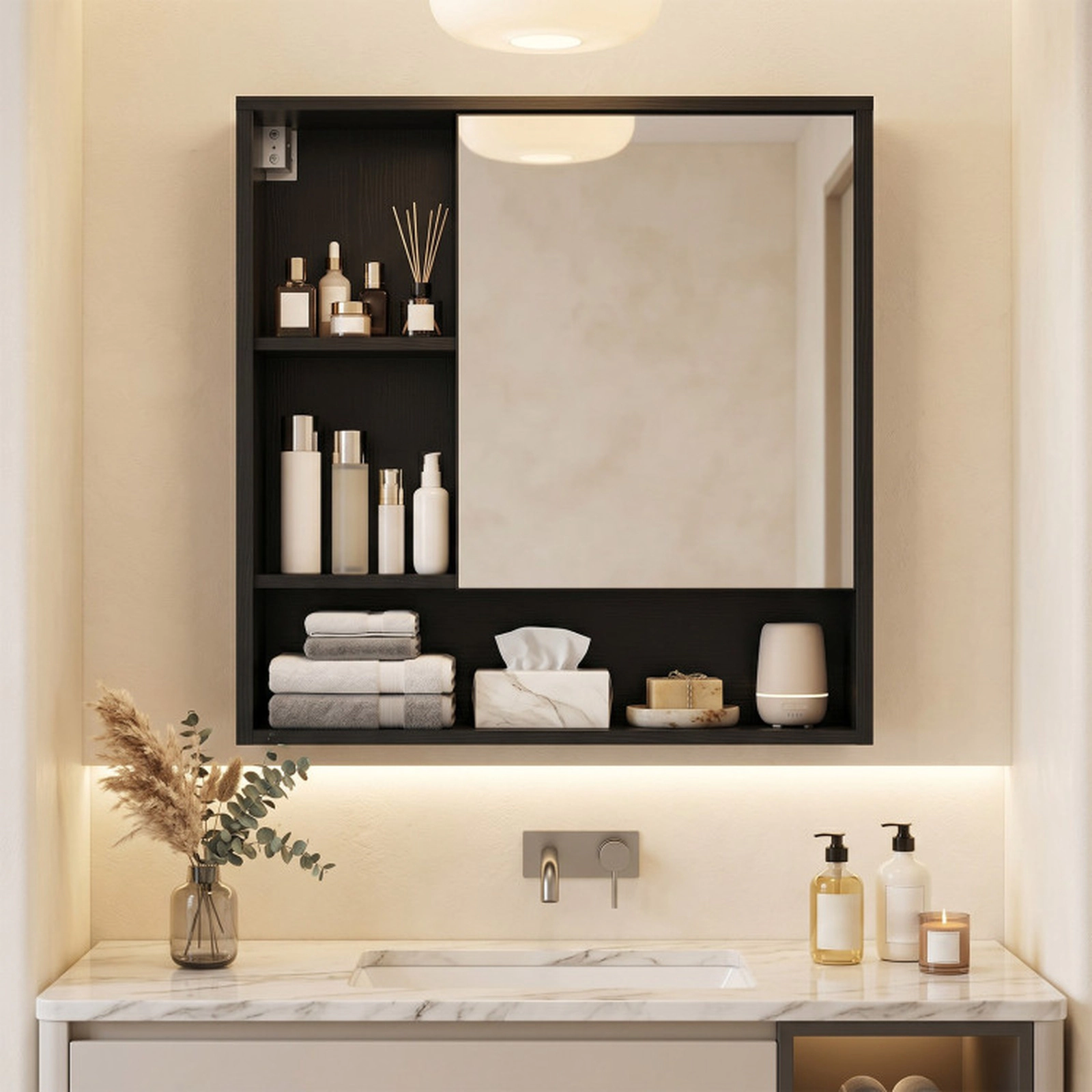 SUGIFT Black 22-lb Countertop Wall-Mounted Bathroom Mirror Cabinet with 2 Hidden Shelves and 3 Open Compartments