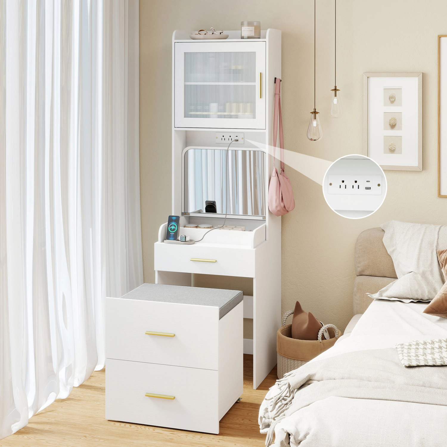 LJG Makeup Vanity with Power Outlets and Flip-Top Mirror and Storage Stool