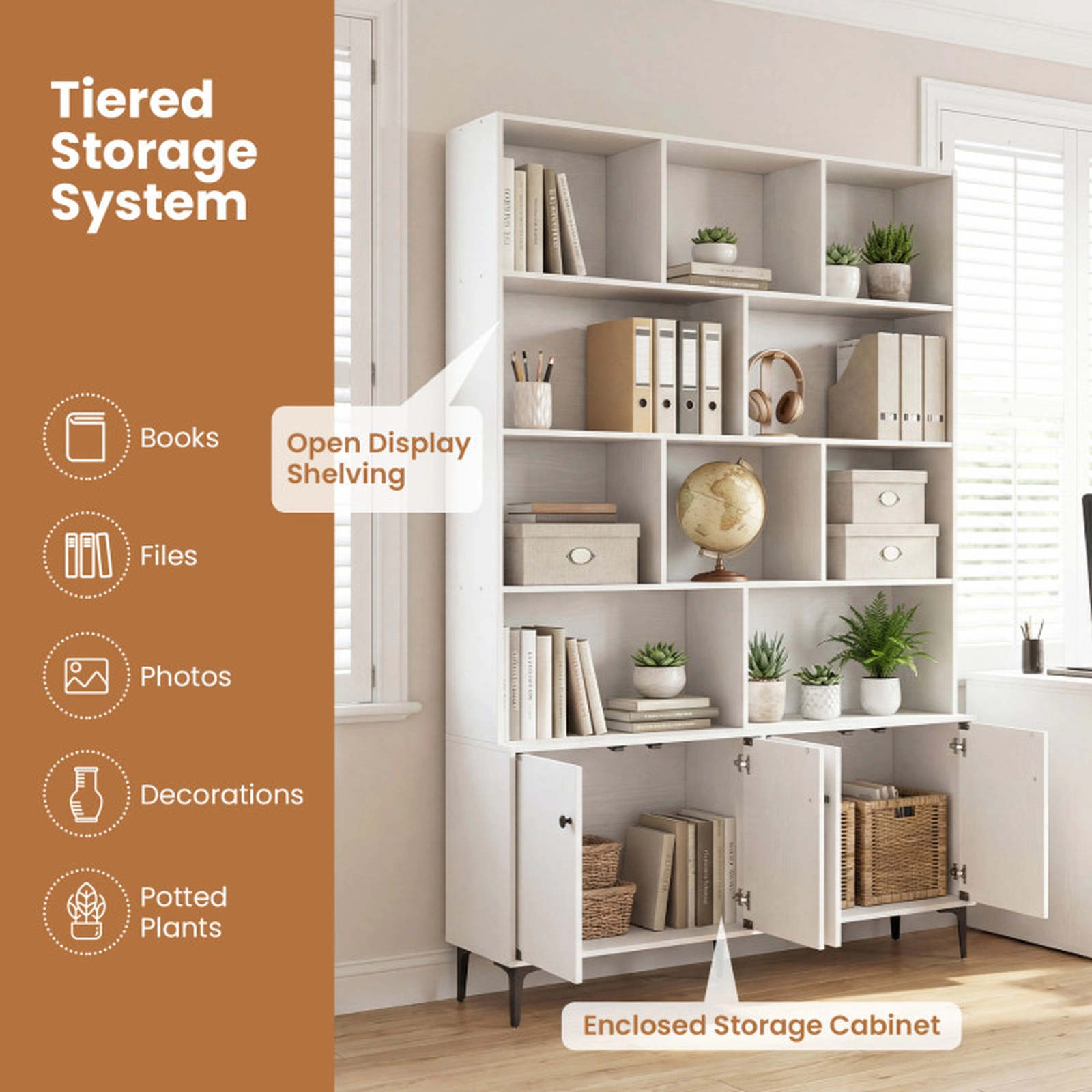 SUGIFT 68.5-in Tall 4-Door White Bookshelf with Storage Cabinet Open Display Shelves and Anti-Tipping Kits