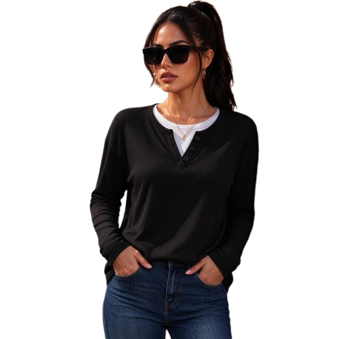 Coolmee Women's Round Neck Long Sleeve Color Block Ribbed Loose Knit Top Fall