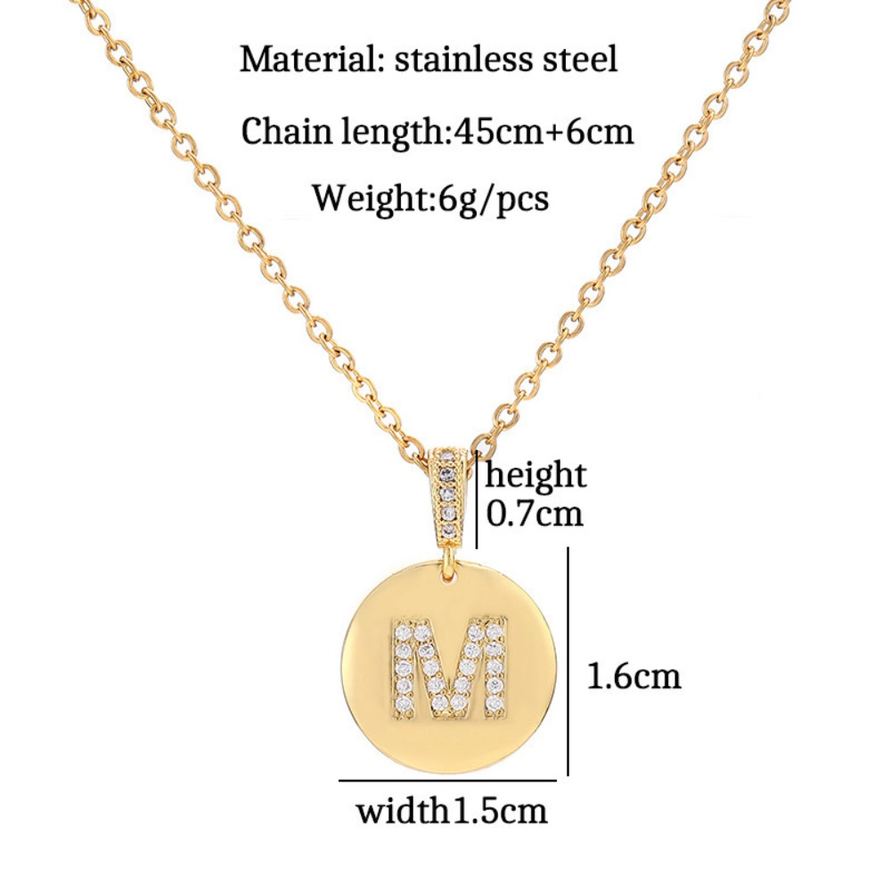 18K Gold Plated Round Disc Initial Necklace Stainless Steel Micro Pave CZ Letter Pendant