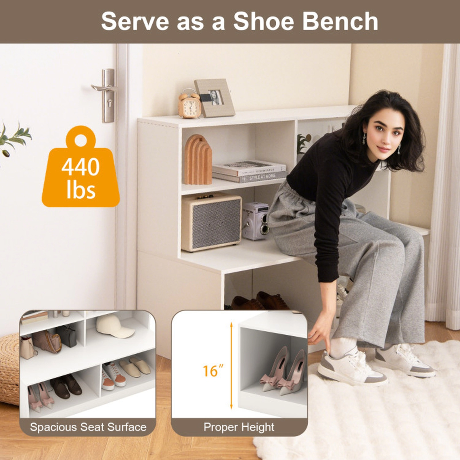 SUGIFT 47-in White Entryway Shoe Cabinet with Bench Seat 4-Cube Storage Shelf and Anti-Tipping Wall Kits