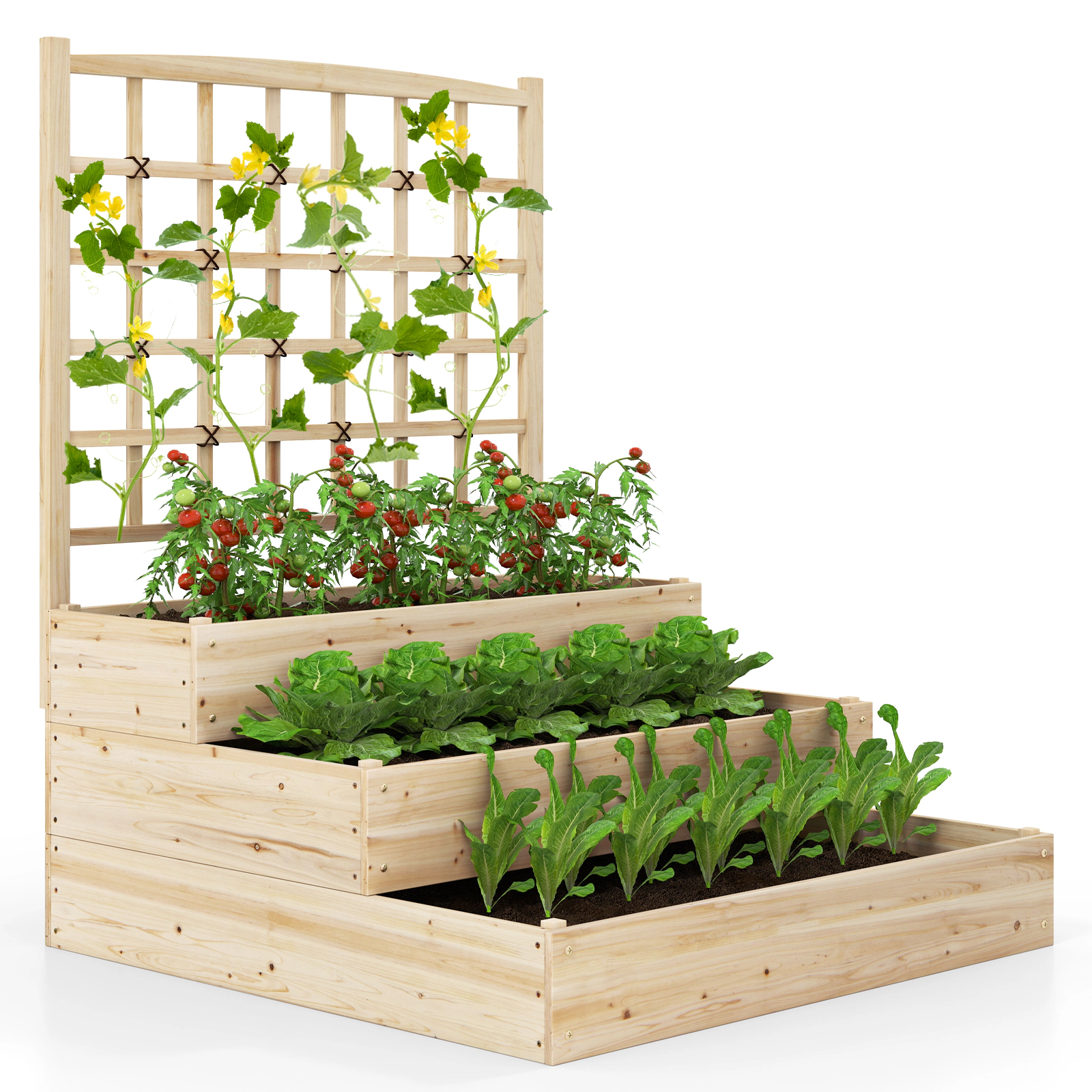 SUGIFT 3-Tier Natural Raised Garden Bed with Lattice Trellis and Open-Ended Base 44-in W 45-in D 56-in H