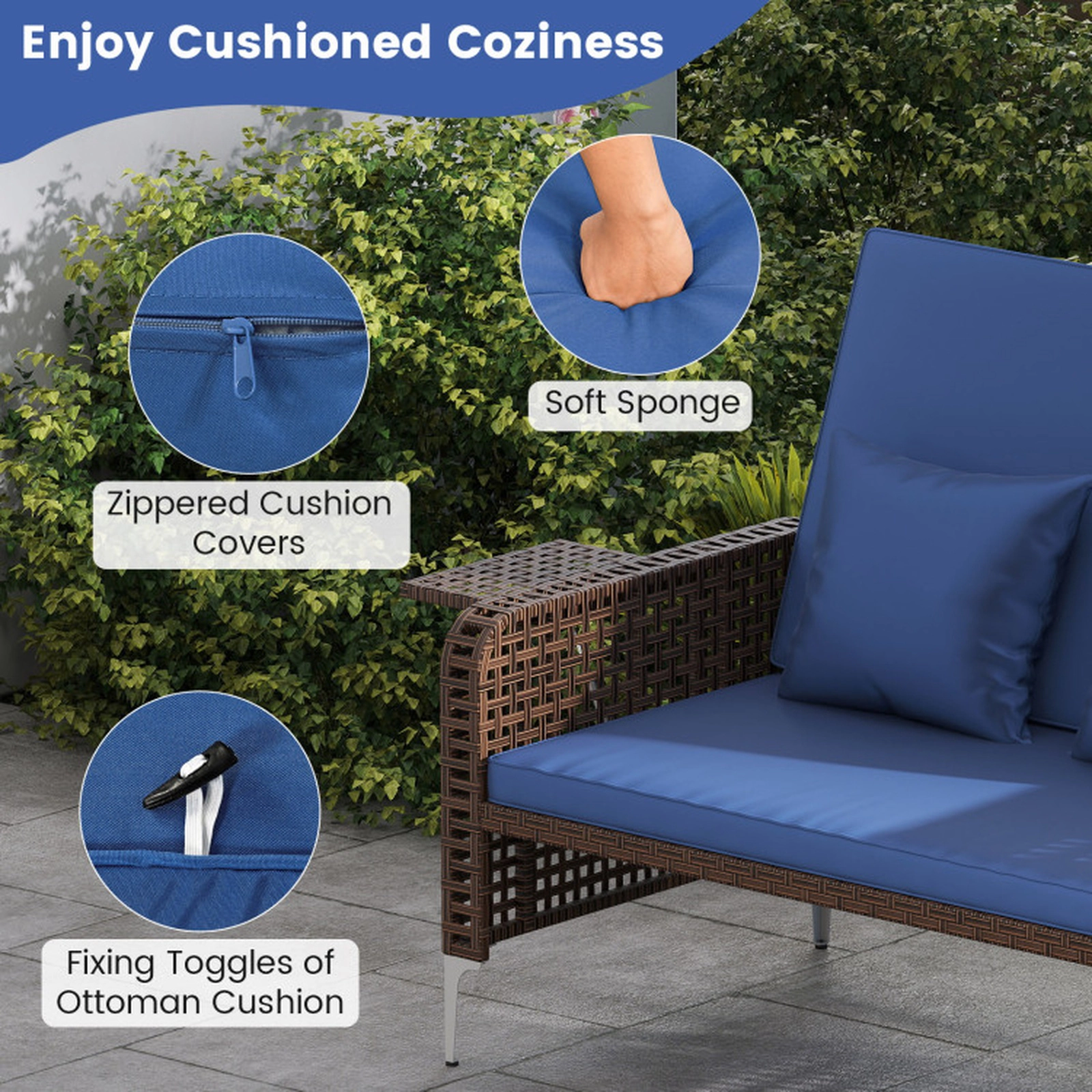 SUGIFT Navy Folding Table 2-Piece Patio Rattan Daybed Wicker Loveseat and Ottoman