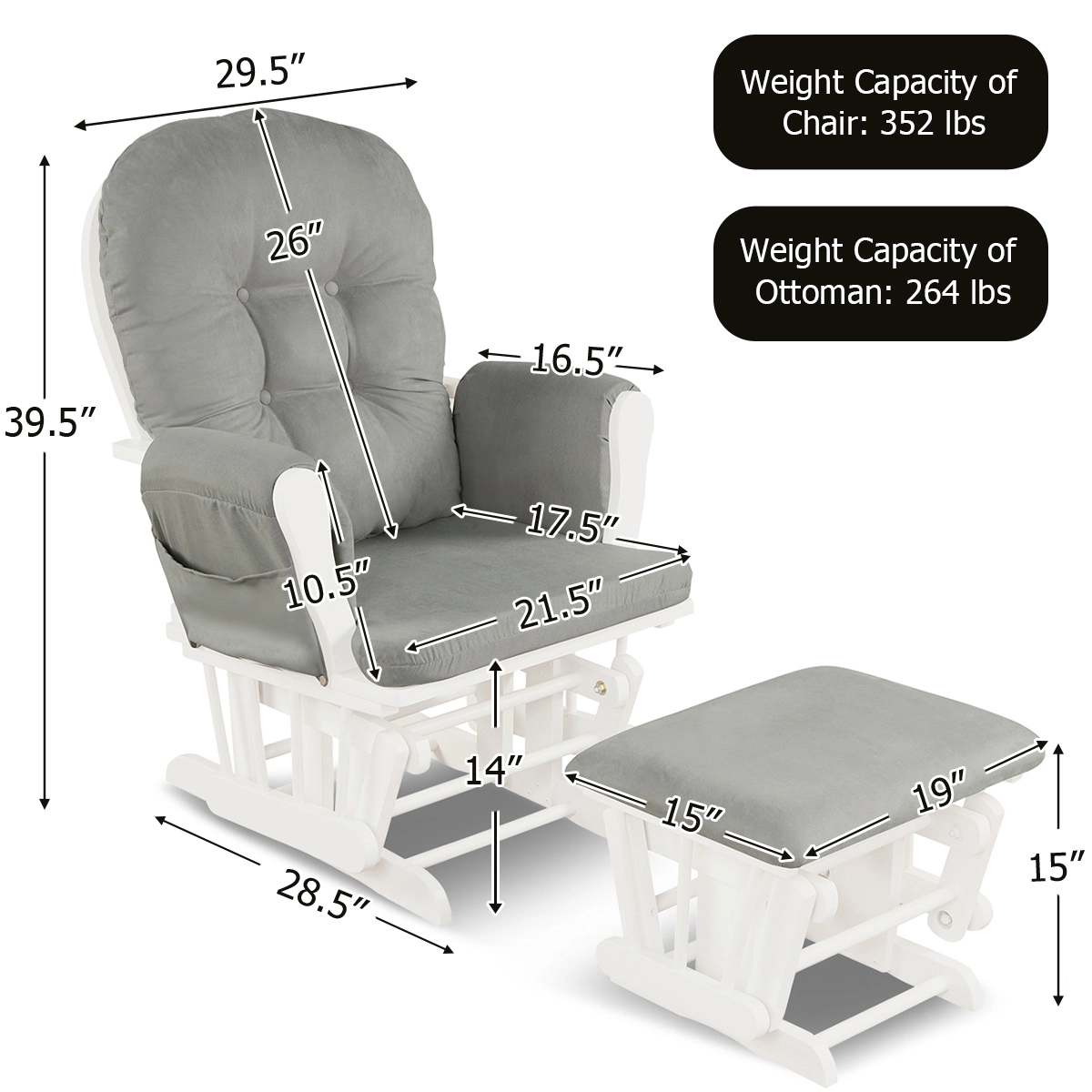 SUGIFT Padded Armrests and Detachable Cushions Wood Glider and Ottoman Set