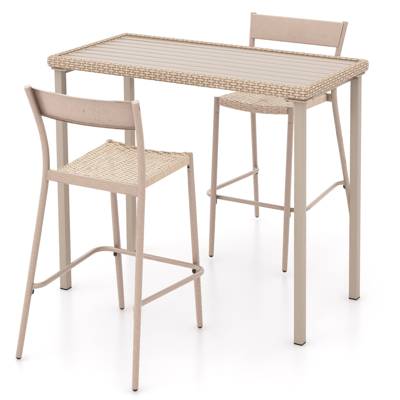 SUGIFT 3-Piece Outdoor Patio Bar Set, 48-Inch Table and 2 Stackable Armless PE Rattan Chairs