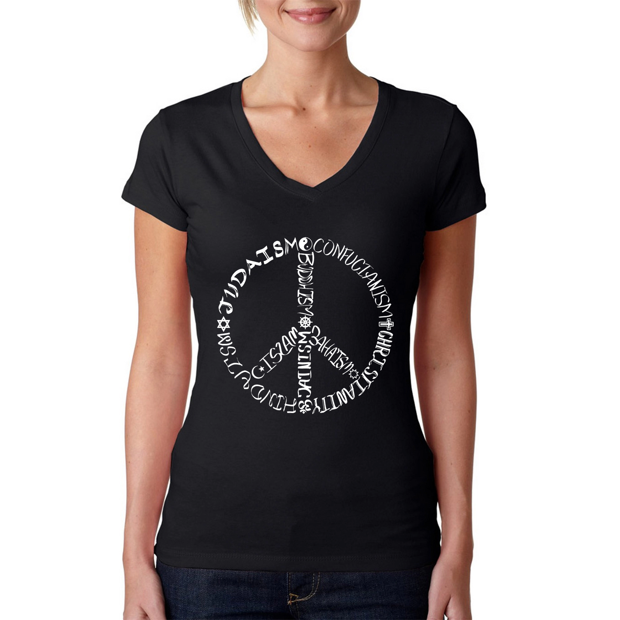 LA Pop Art Womens Word V-Neck T-Shirt - Faiths Peace SIgn