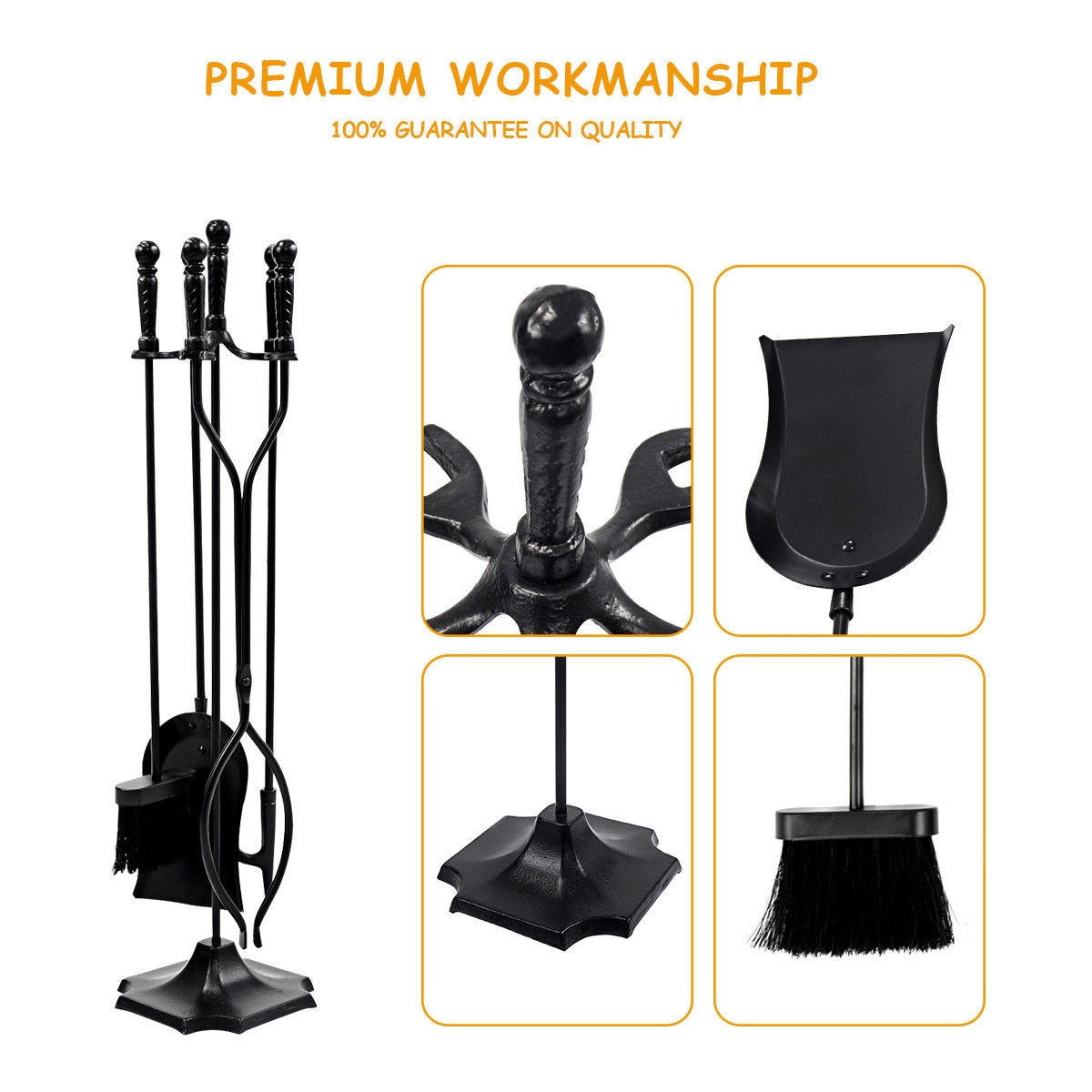 SUGIFT 5-Piece Iron Hearth Fireplace Tool Set and Stand Poker Tong Brush Shovel 31-in Tall 7 x 7-in Base Bronze/Black