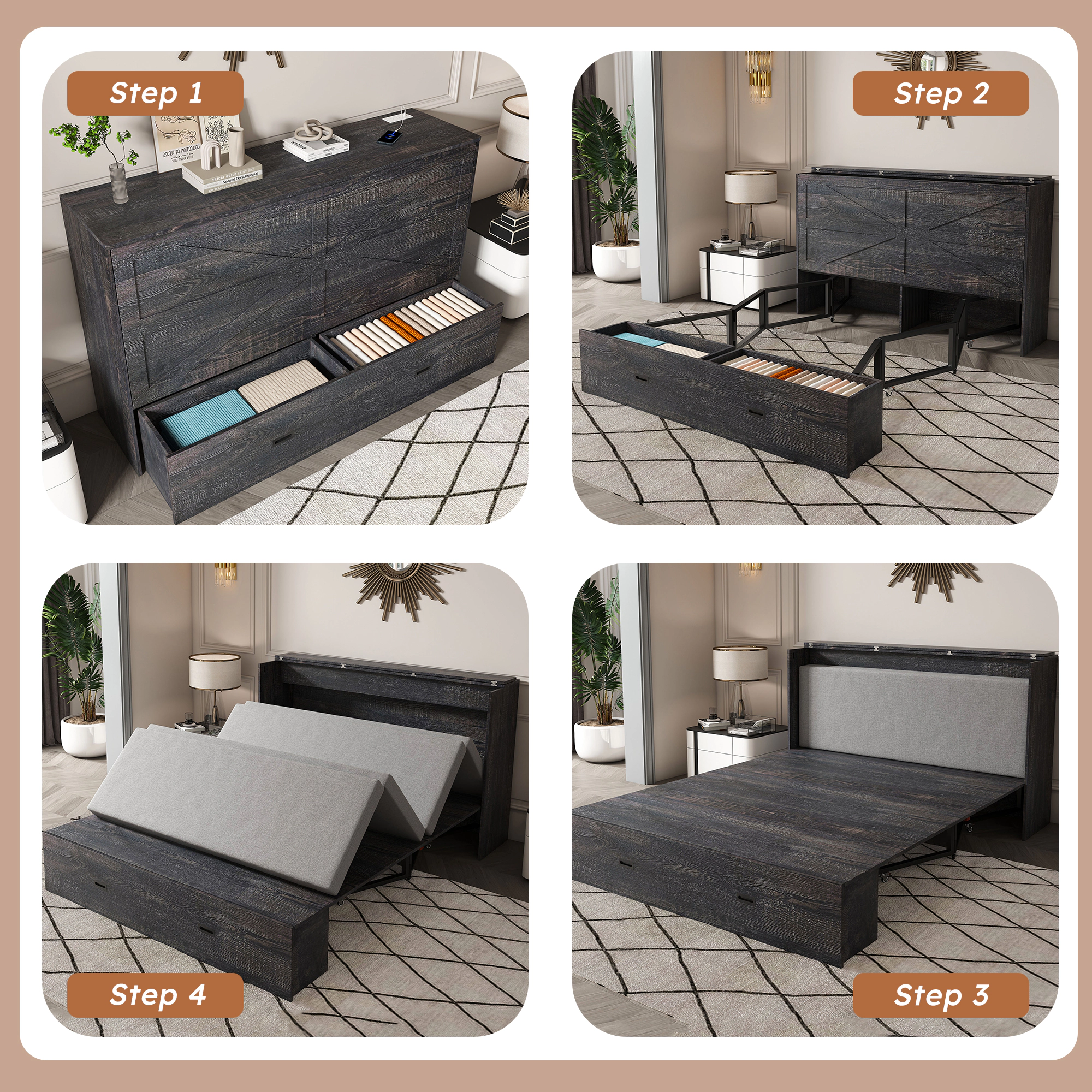 Flynama 57" Murphy Bed with Storage Drawers & Charging Cabinet, Foldable, On Wheels, Black