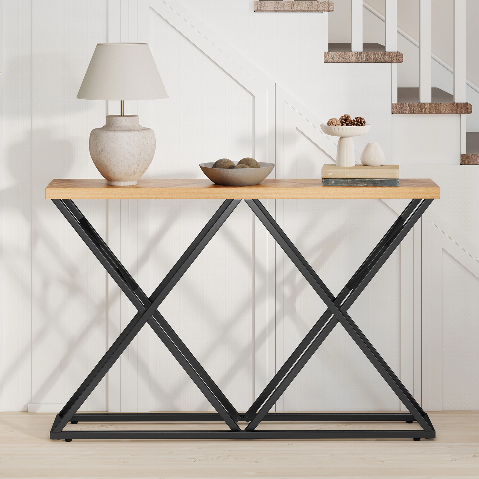 SUGIFT Console Table with Solid Metal Frame 165-lb Tabletop Capacity Wood Color 1.5-in Thick Top
