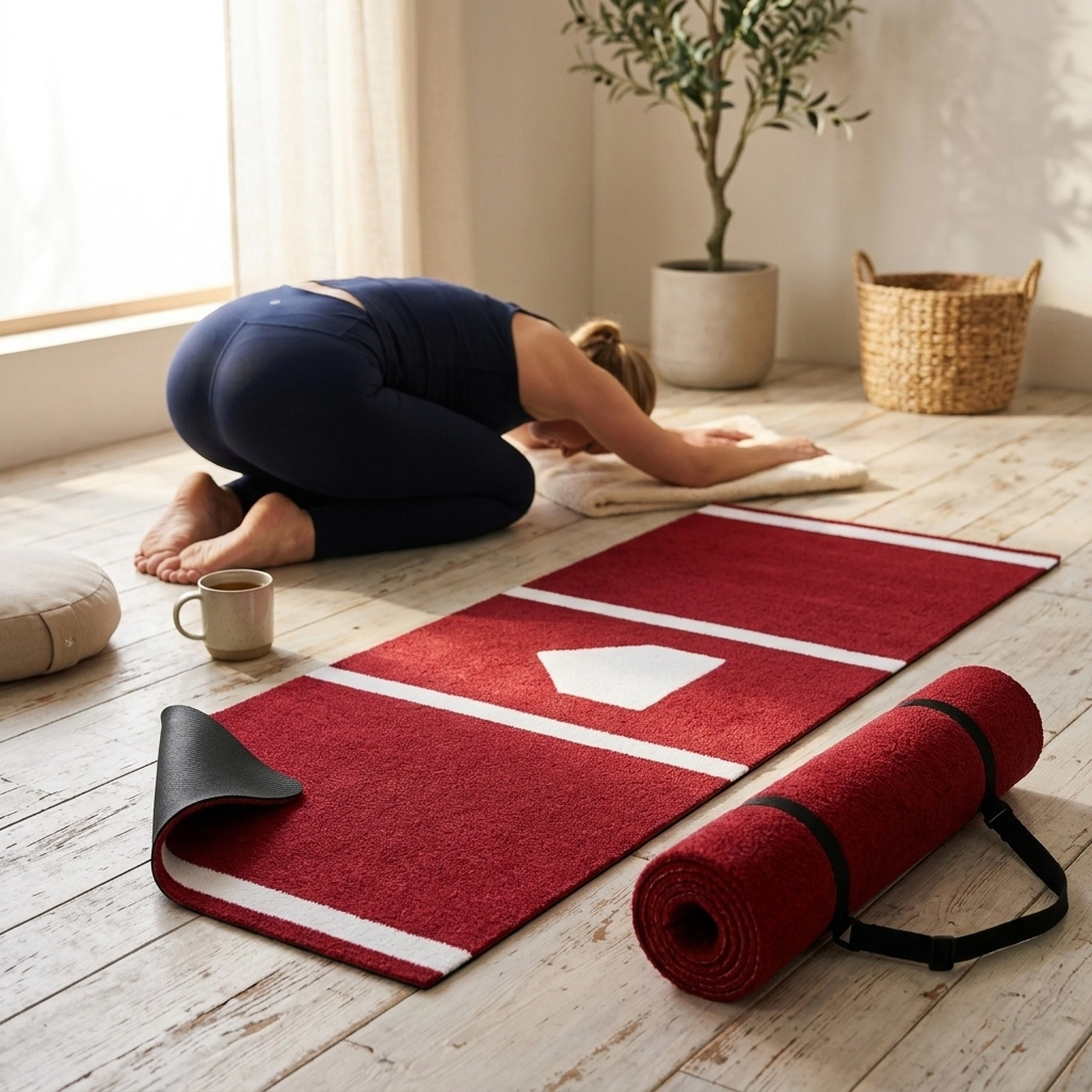 10-ft x 3.8-ft Softball and Baseball Turf Batters Box Mat Plate Outline Dual-Sided Layout Tote Strap Red Hitting Mat