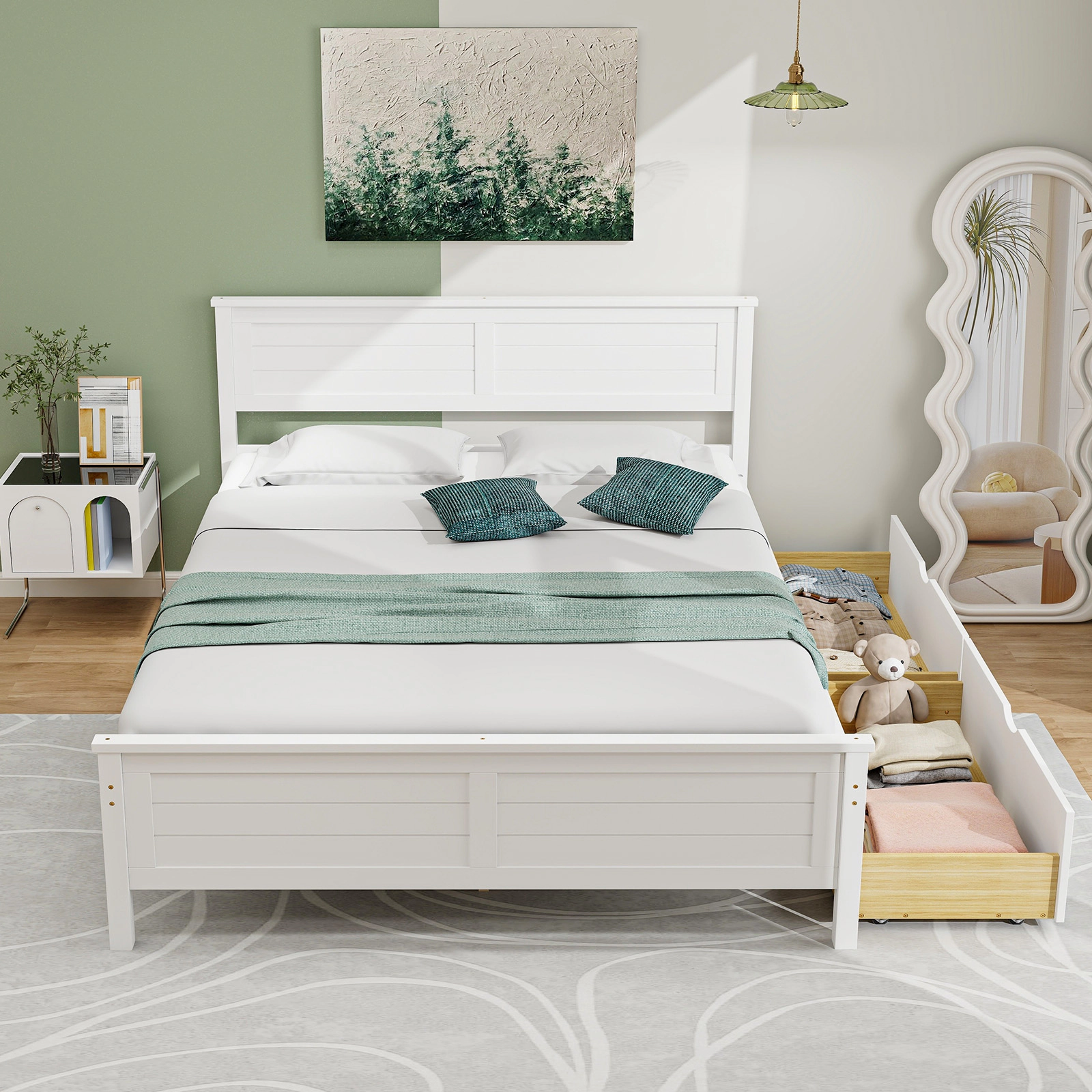 Full Size Bed Frame White Wood Platform Bed with Solid Wood Headboard Footboard 2 Under Bed Drawers