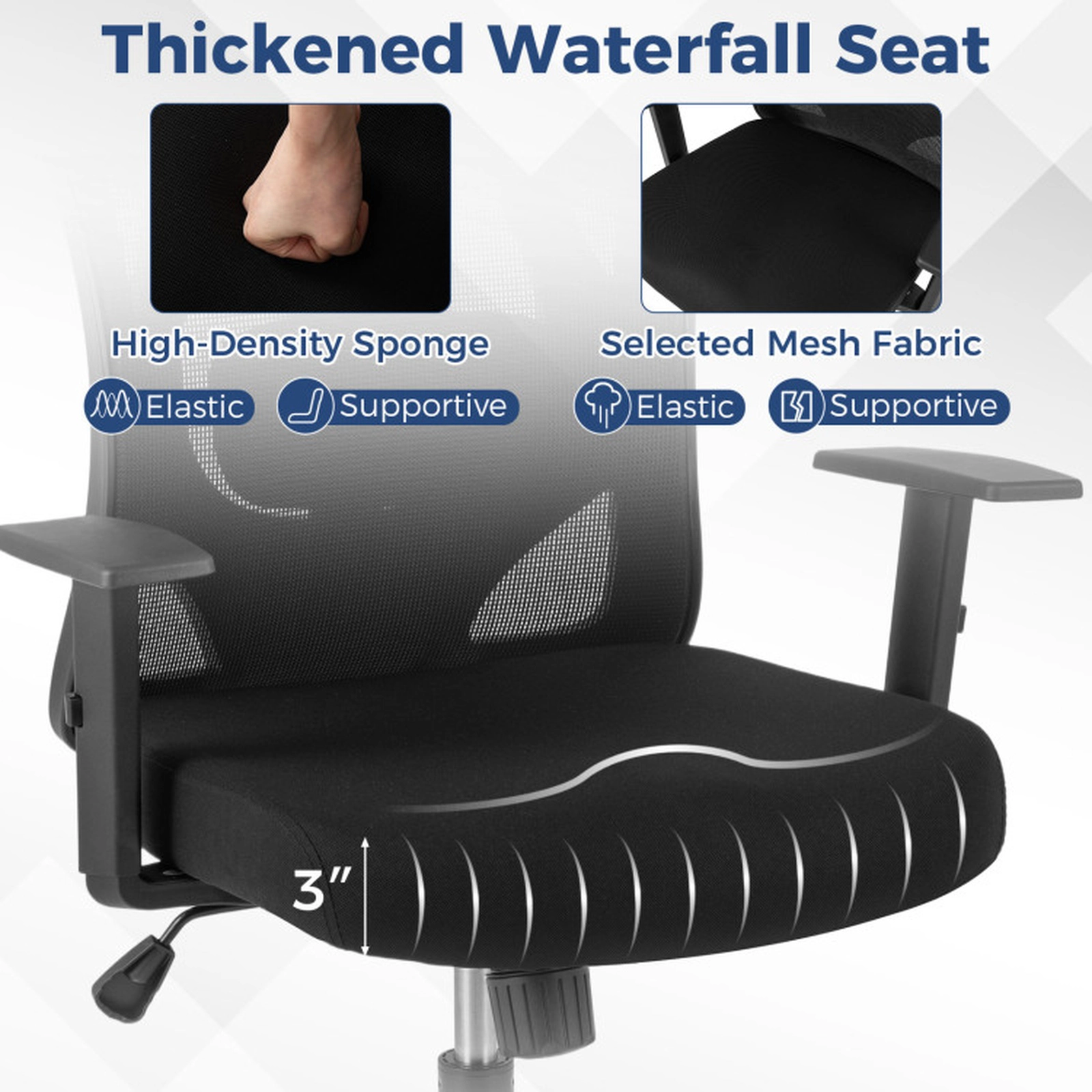 SUGIFT 330-lb Capacity Black Mesh High Back Desk Chair with 3D Headrest Coat Hanger and Waterfall Seat