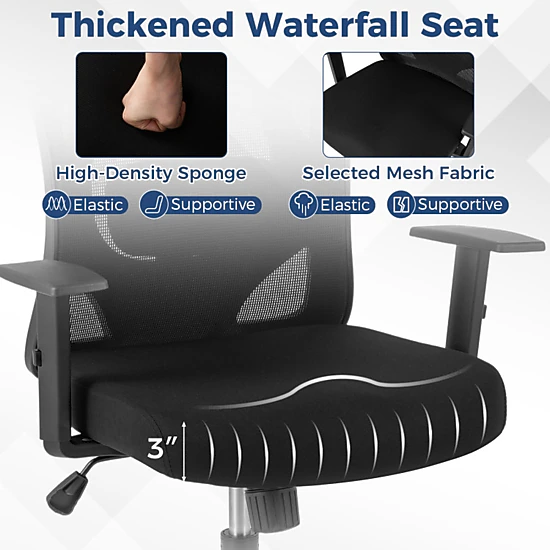 SUGIFT 330-lb Capacity Black Mesh High Back Desk Chair with 3D Headrest Coat Hanger and Waterfall Seat