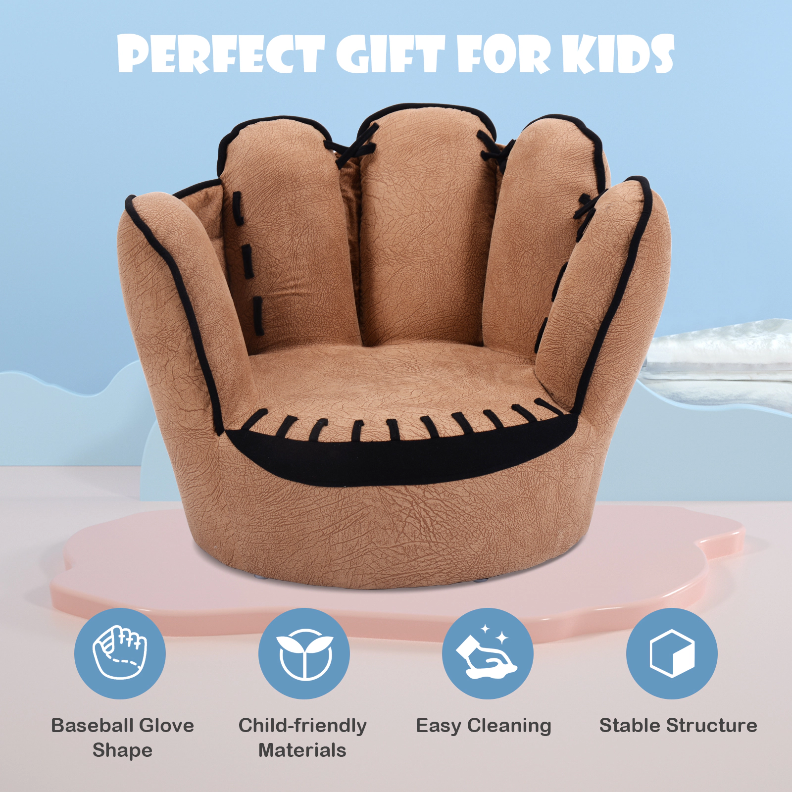 SUGIFT Five Fingers Baseball Glove Shaped Kids Leisure Upholstered Chair 110-lb Capacity Ages 3-5 Brown