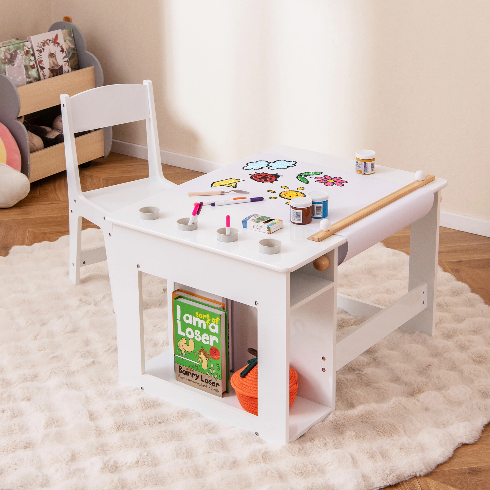 SUGIFT Kids Art Table and Chair Set with Storage Shelf and Paper Roll 110-lb Table 165-lb Chair White