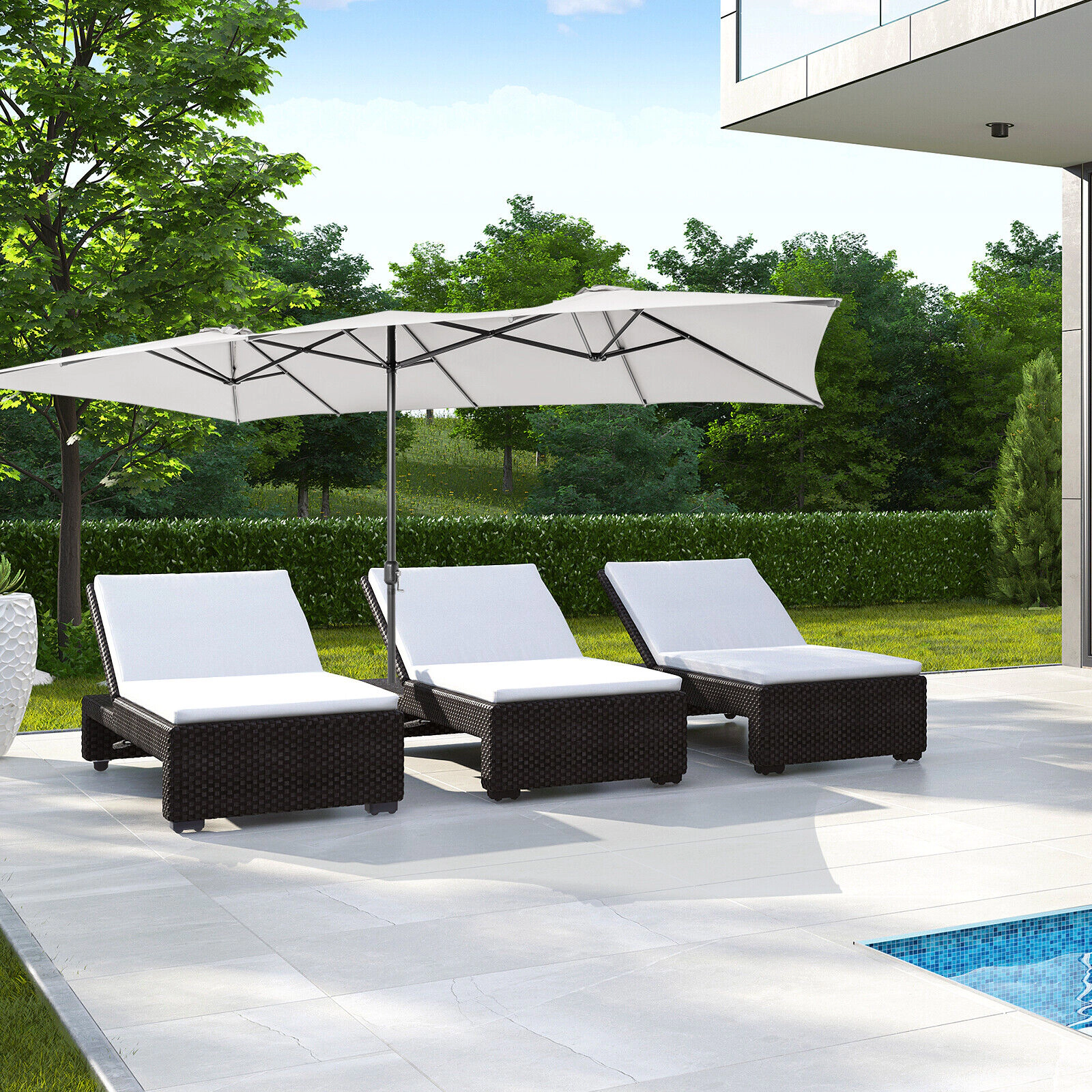 SUGIFT Beige 15 ft Double-Sided Patio Umbrella with Crank Handle and Vented Tops