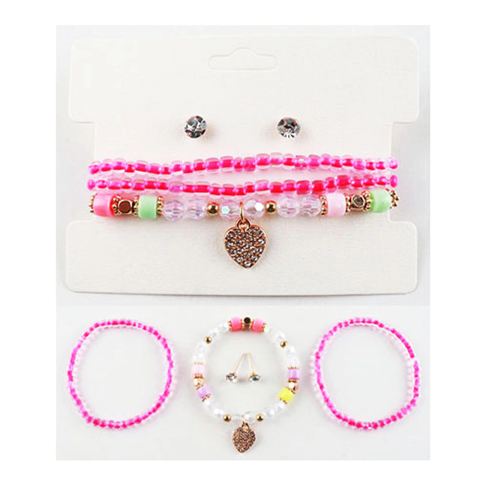 FASHNZFAB 12PCS - Kids Stone Paved Heart Charm Pointed Faceted Beaded  Stretch Bracelets with Earrings - Assorted