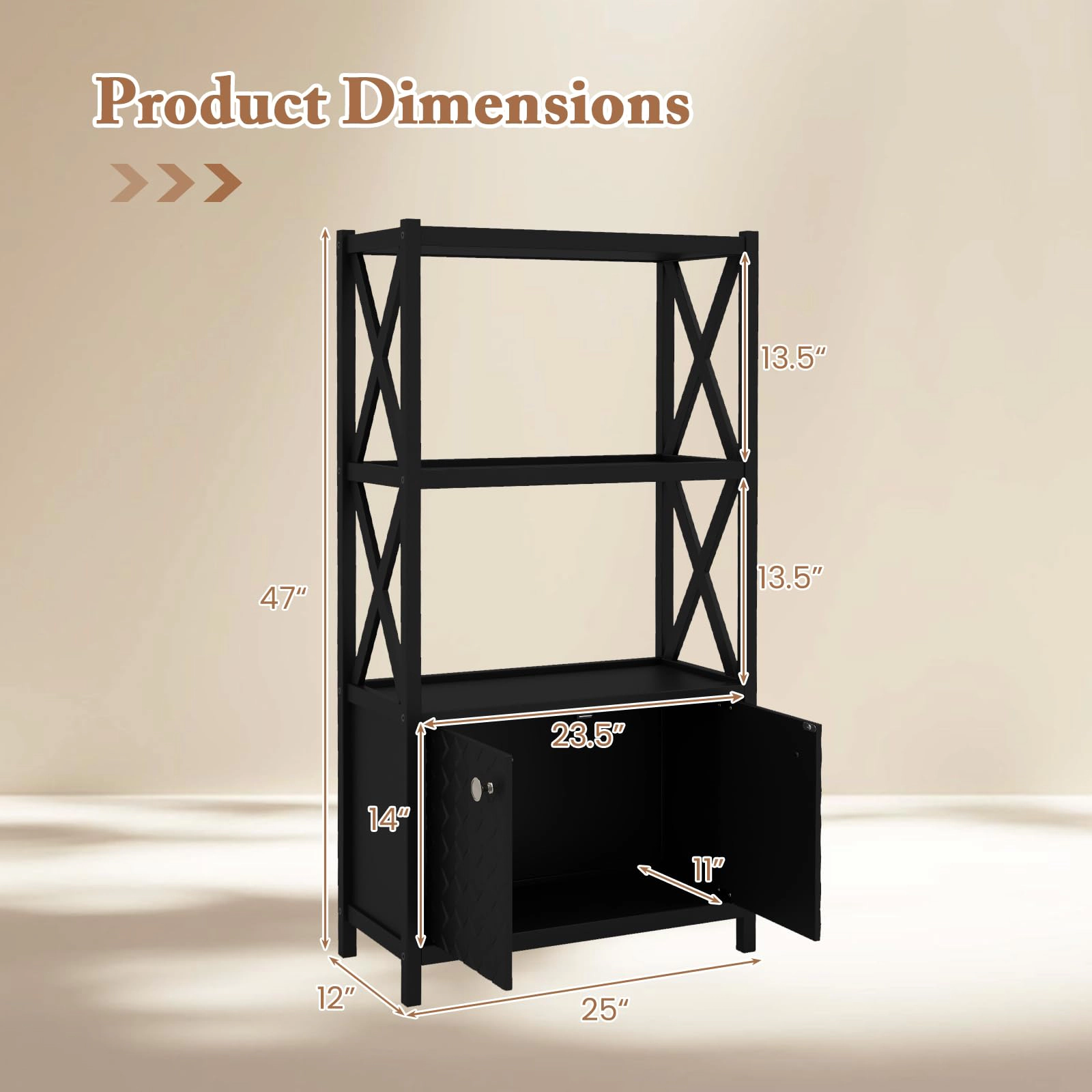 Glintex Rubber Wood Storage Cabinet with X-Shaped Bars and Double Doors