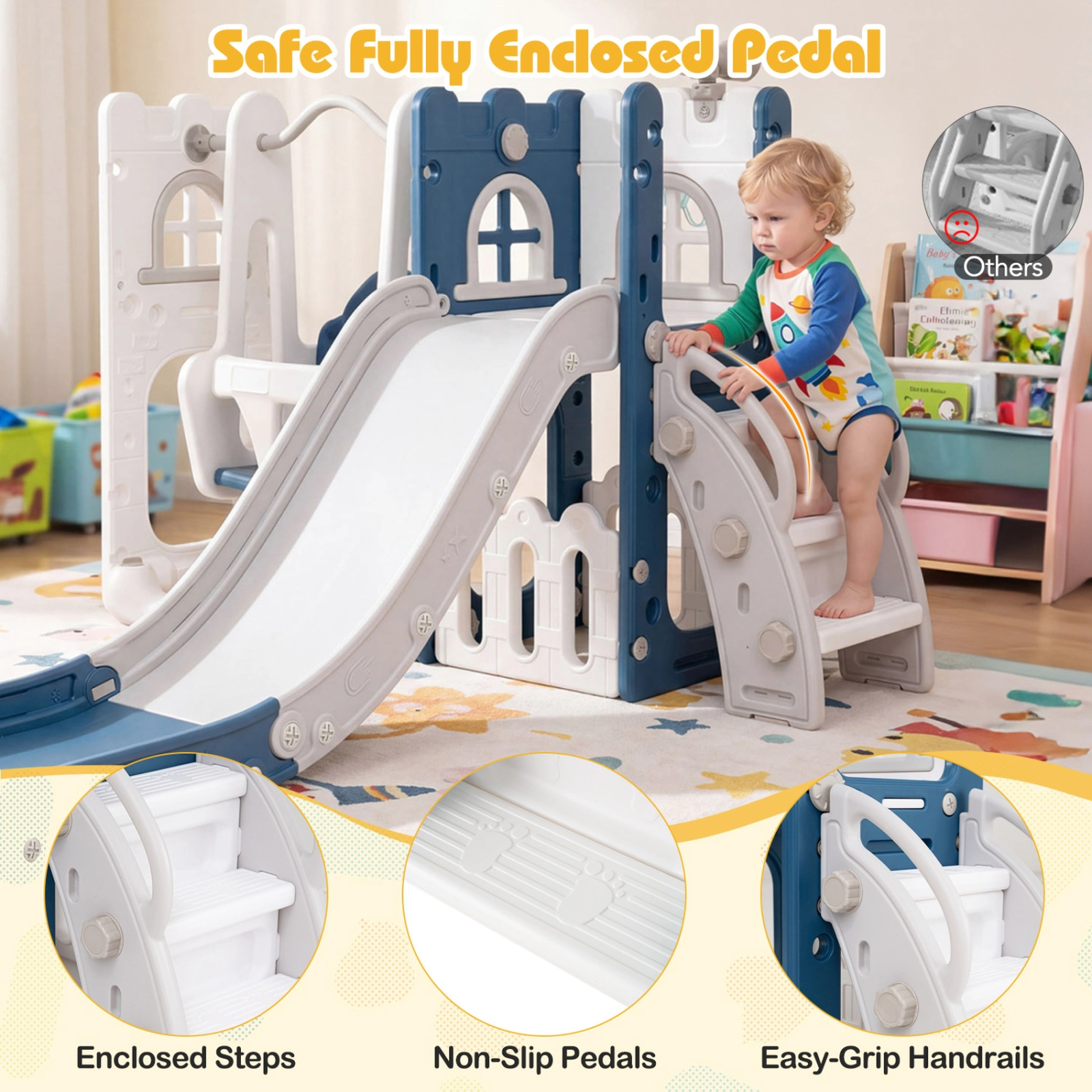 SUGIFT 7-in-1 Toddler Swing & Slide Climber Set with Ladder & Basketball Hoop 110-lb Capacity Ages 1-3 Blue & White