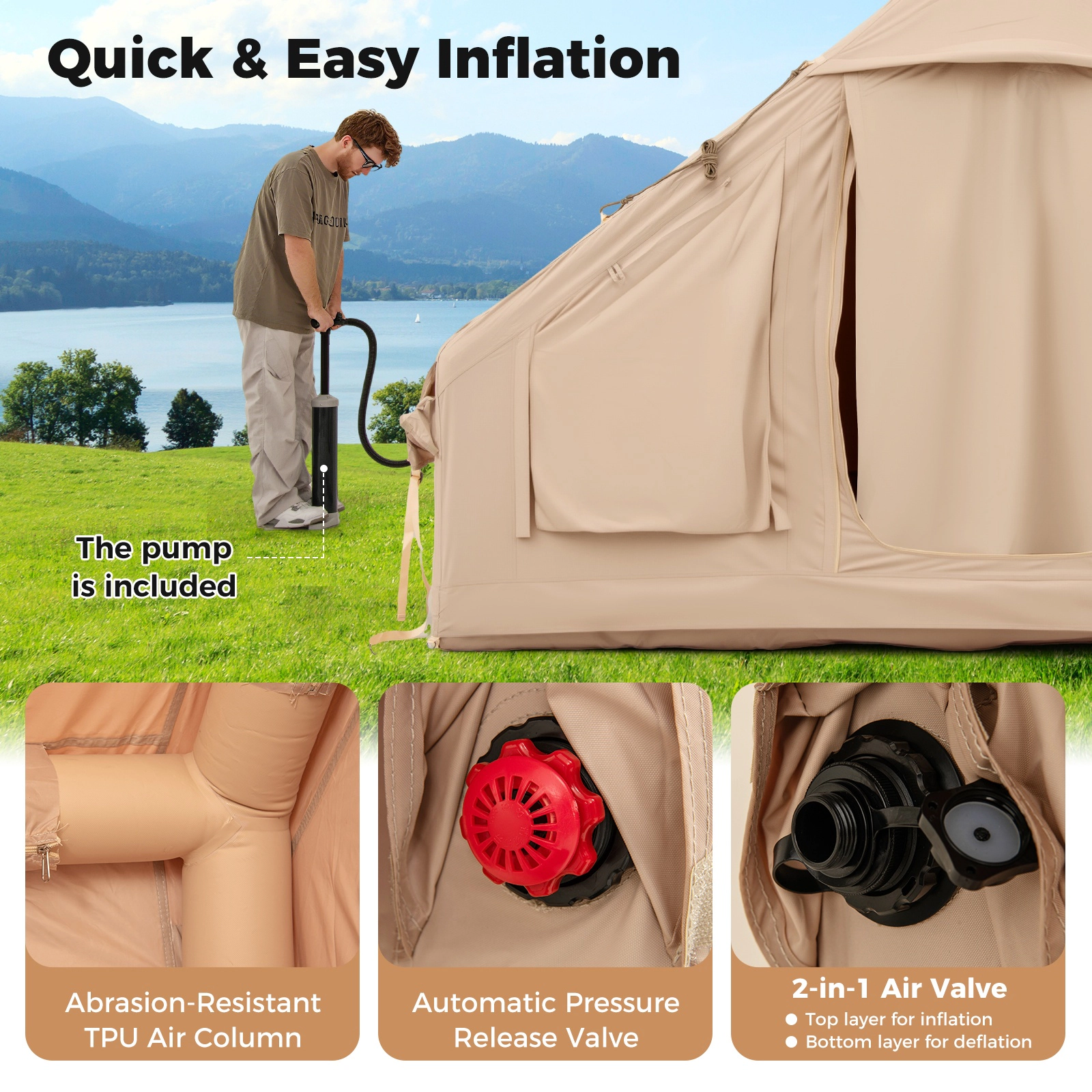 SUGIFT 4-6 Person Beige Inflatable Camping Tent with 4 Mesh Windows and 2 Doors 9.8-ft W 6.9-ft D 6.5-ft H